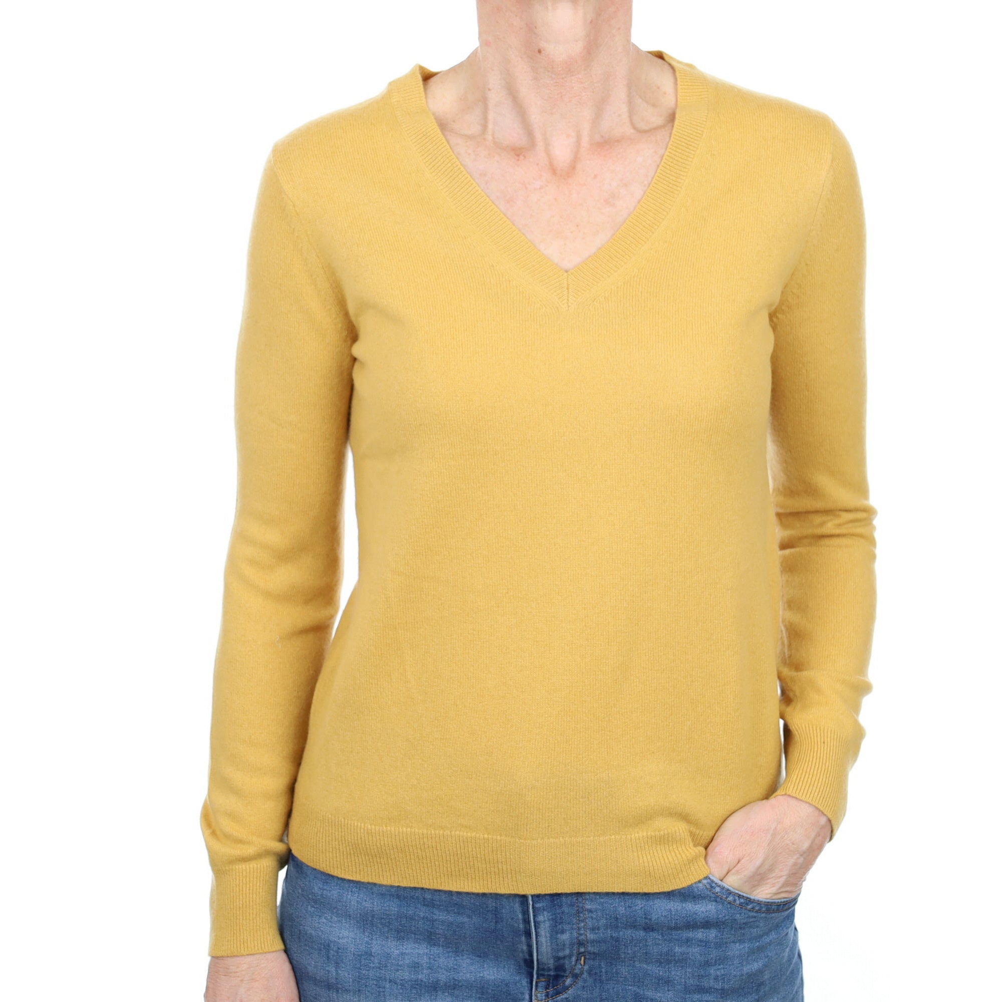 Mustard Yellow Cashmere V Neck Jumper Small