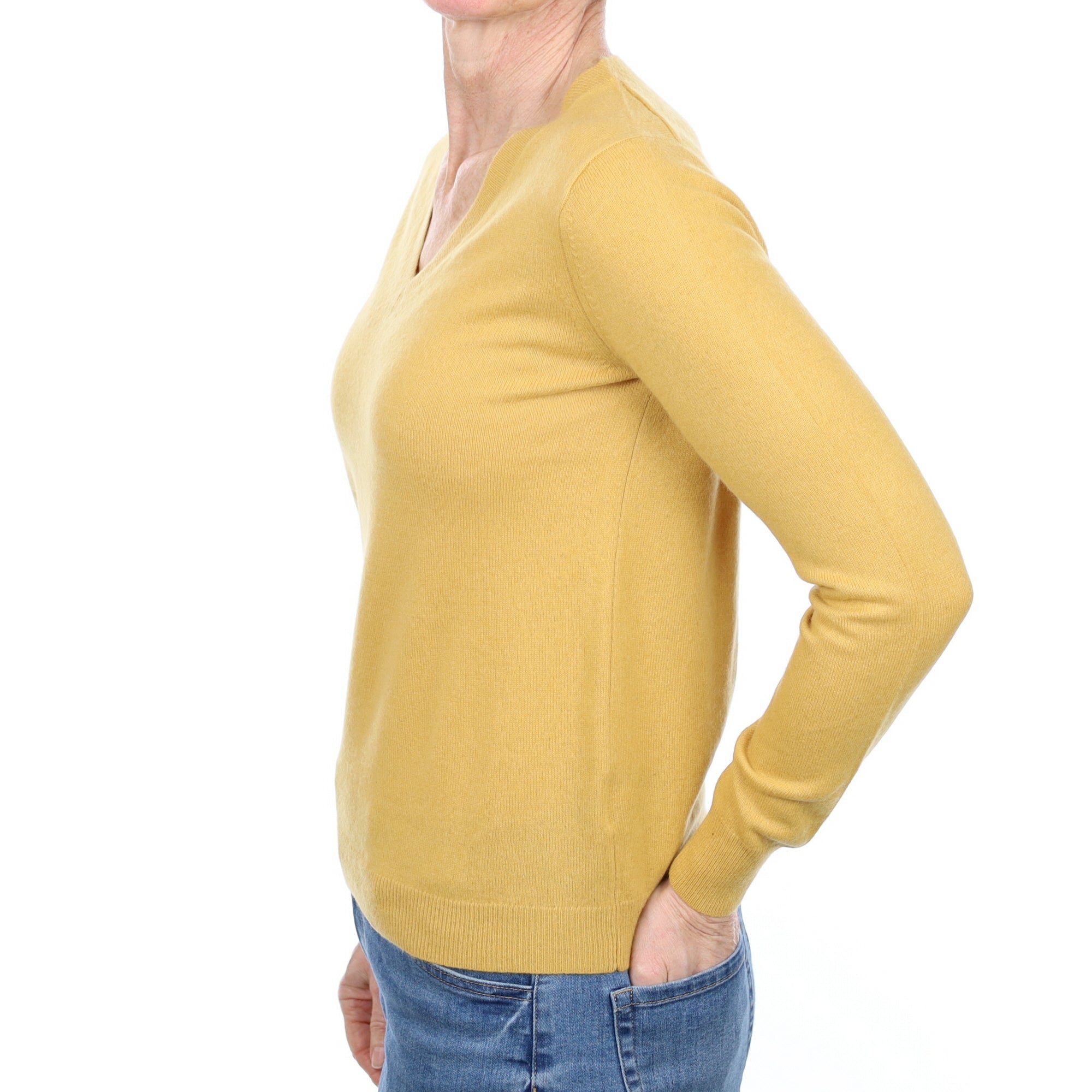 Mustard Yellow Cashmere V Neck Jumper Small