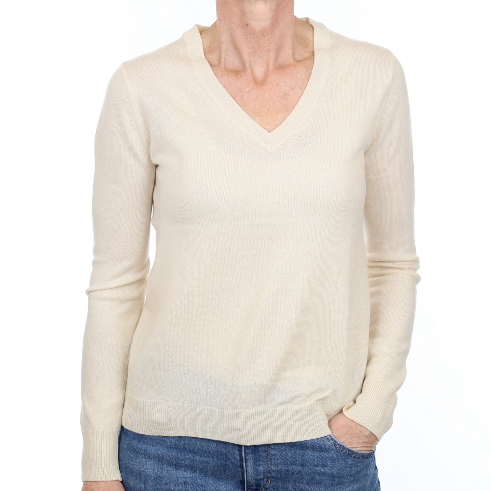 Vanilla Cream Cashmere V Neck Jumper Small