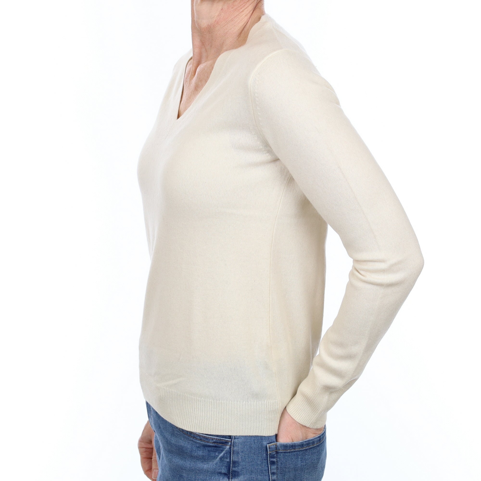 Vanilla Cream Cashmere V Neck Jumper Small
