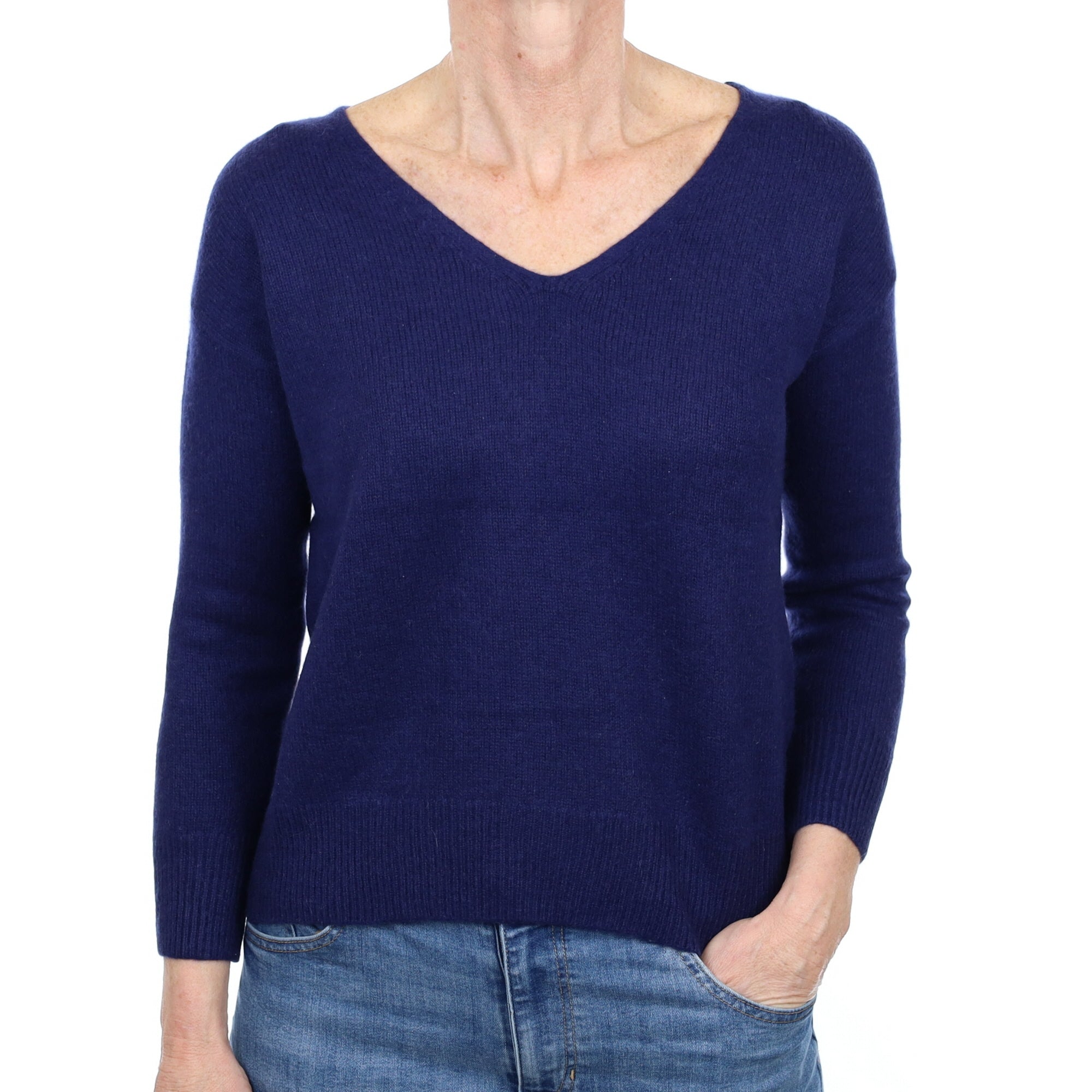 French Navy Cashmere V Neck Jumper Small