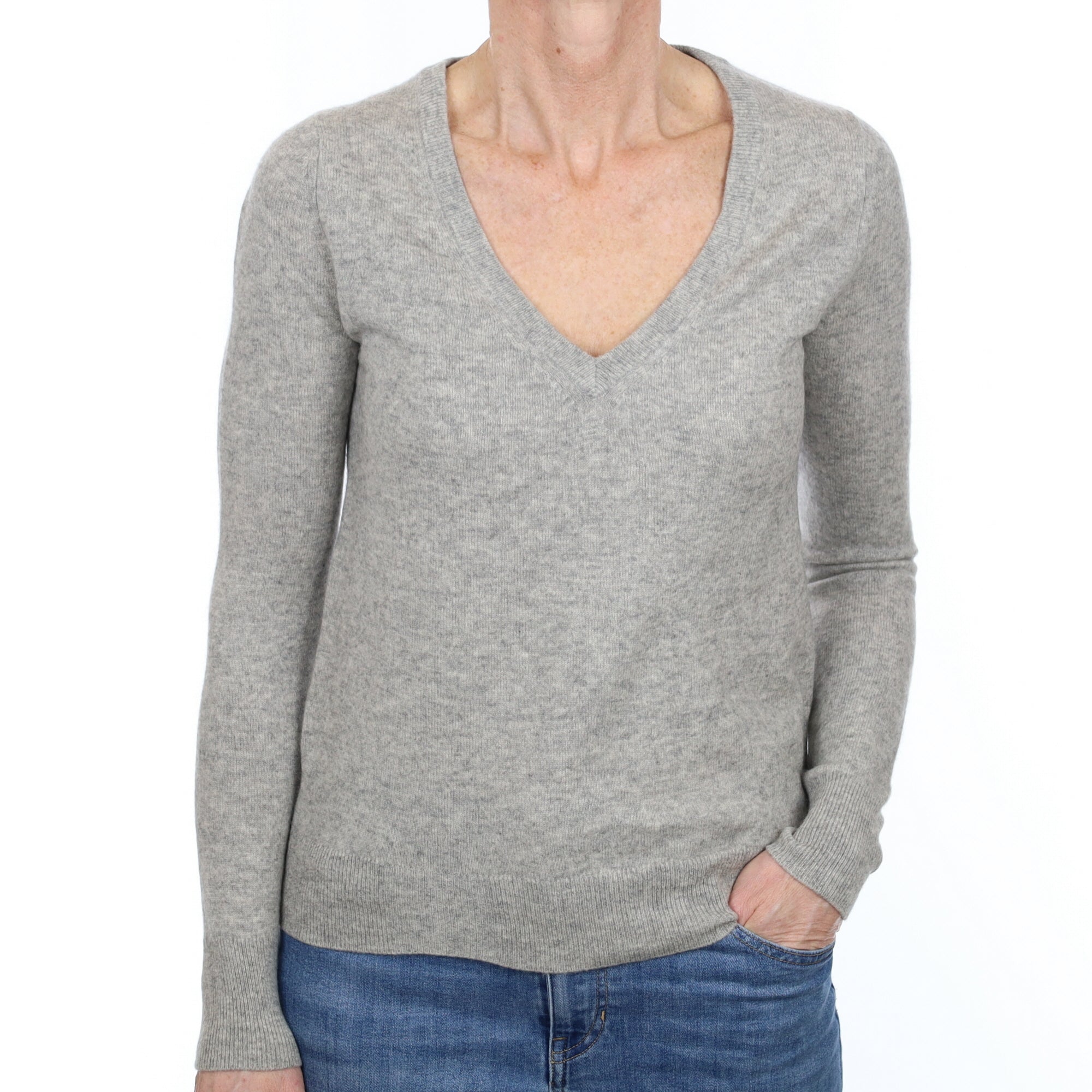 Smoke Grey Cashmere V Neck Jumper Small