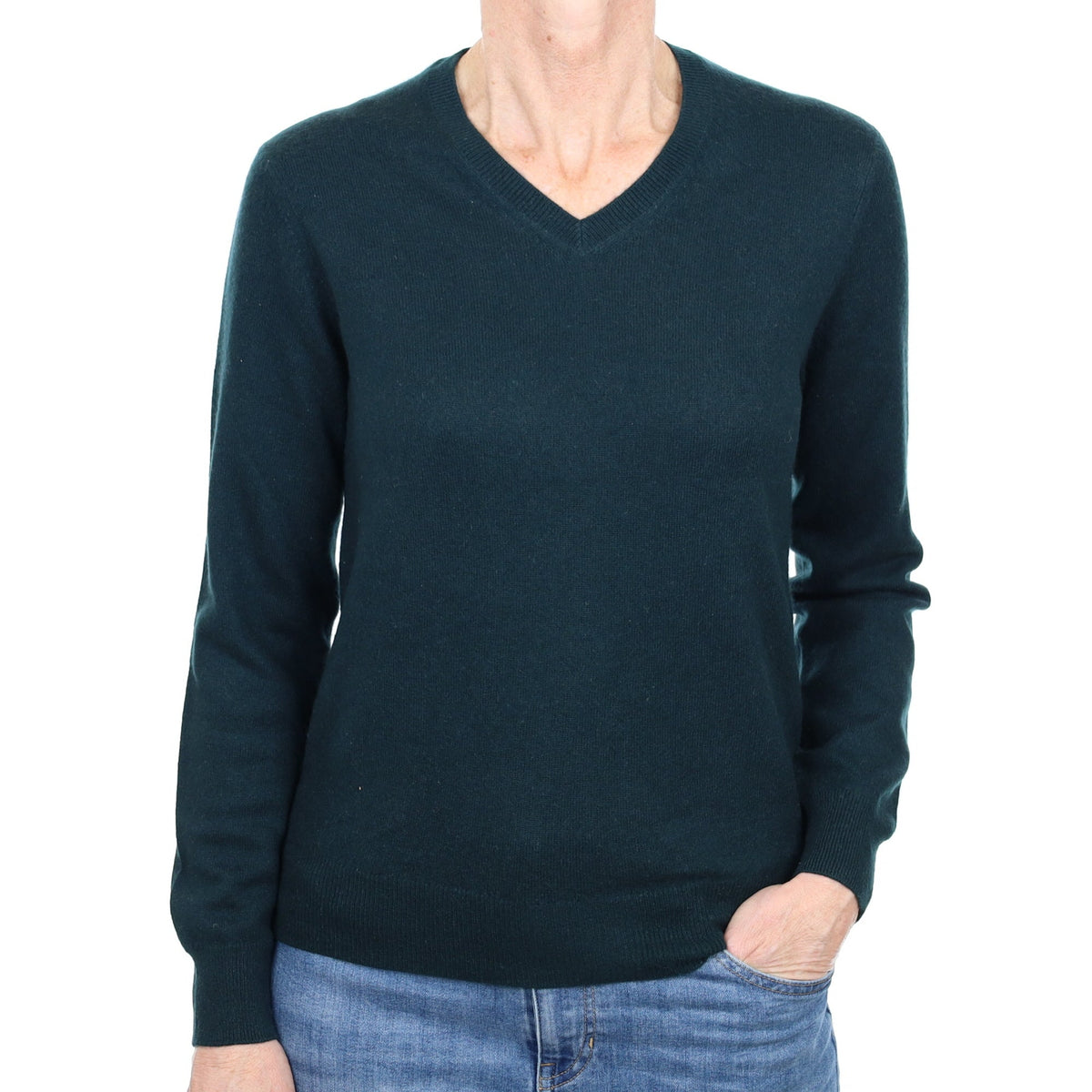 Bottle Green Cashmere V Neck Jumper Small
