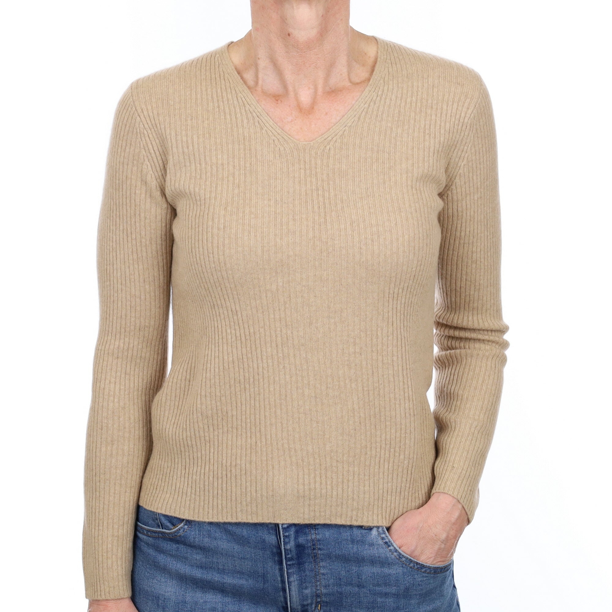 Sand Beige Rib Cashmere V Neck Jumper Small