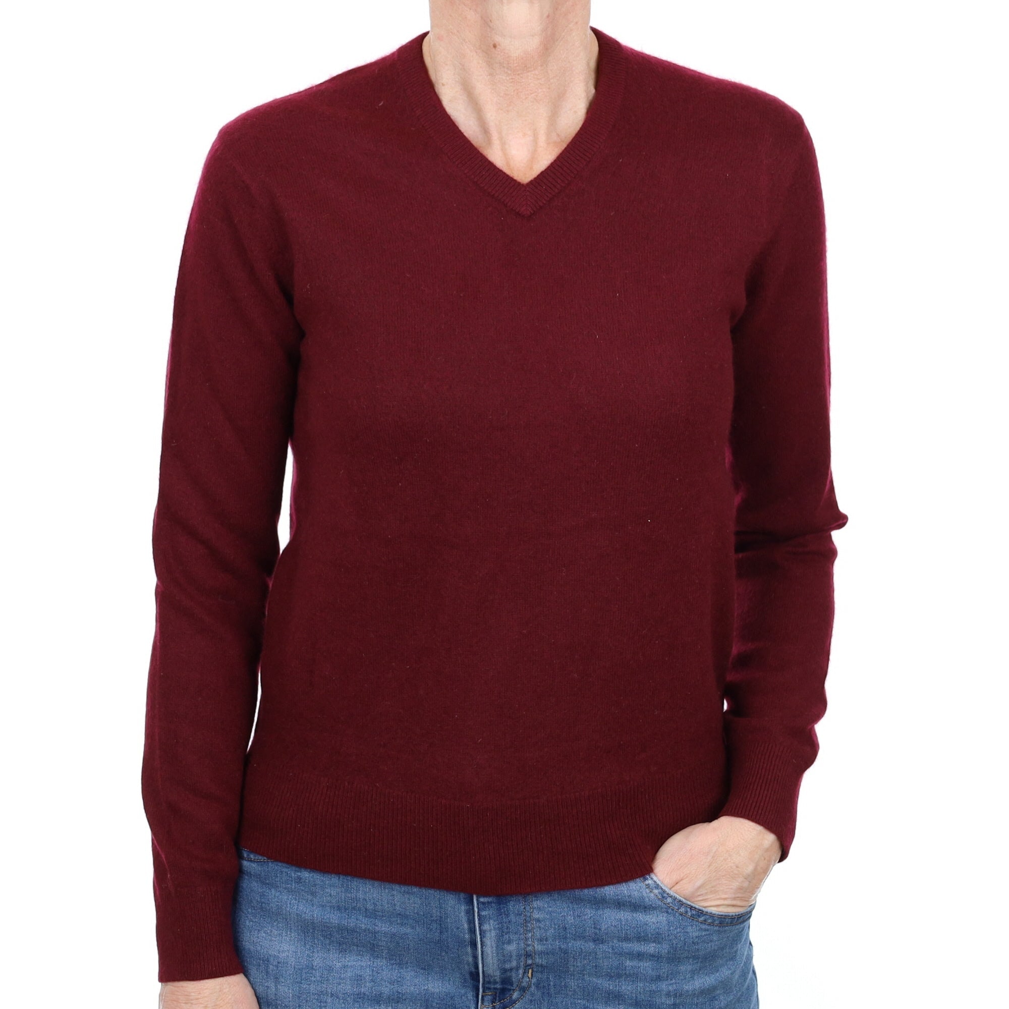 Wine Red Cashmere V Neck Jumper Small