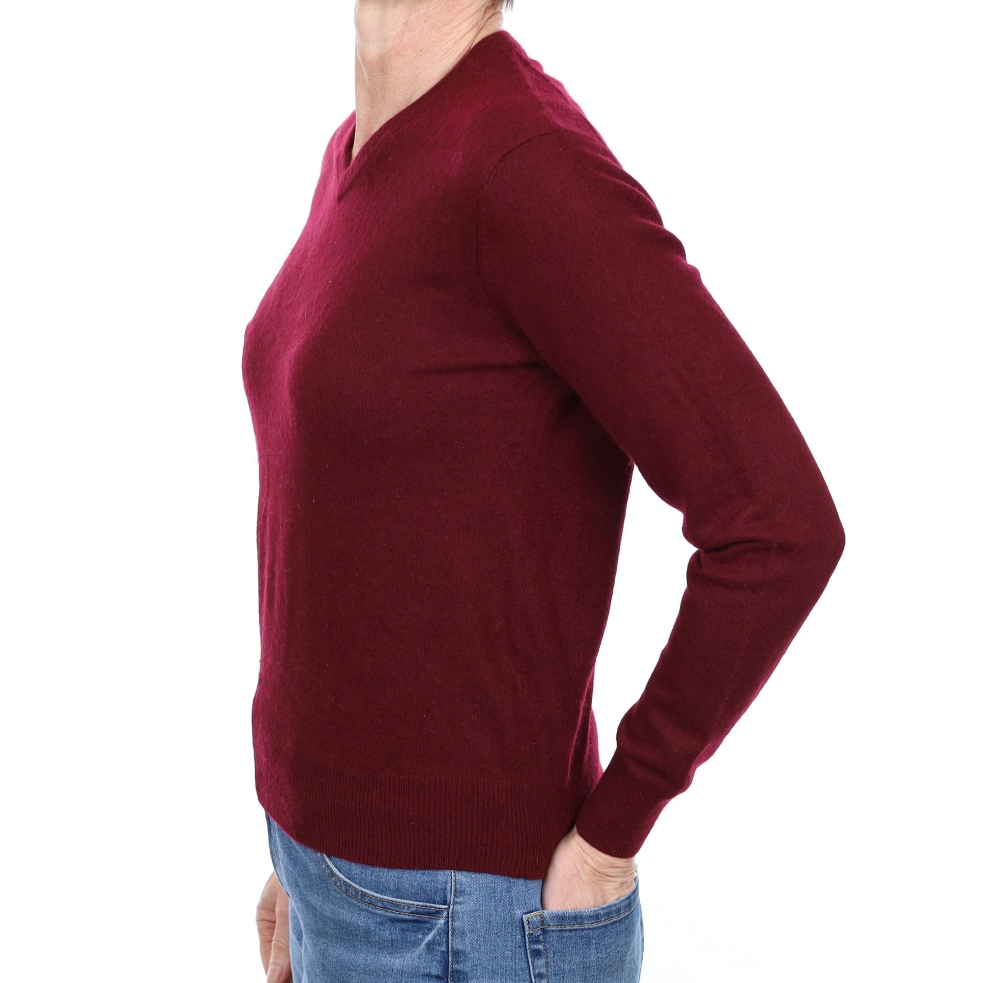 Wine Red Cashmere V Neck Jumper Small
