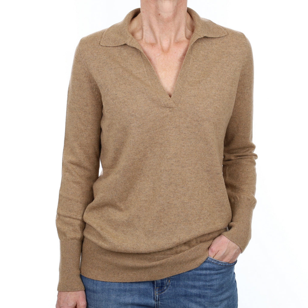 Camel Brown Cashmere Collared V Neck Jumper Small