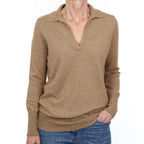 Camel Brown Cashmere Collared V Neck Jumper Small
