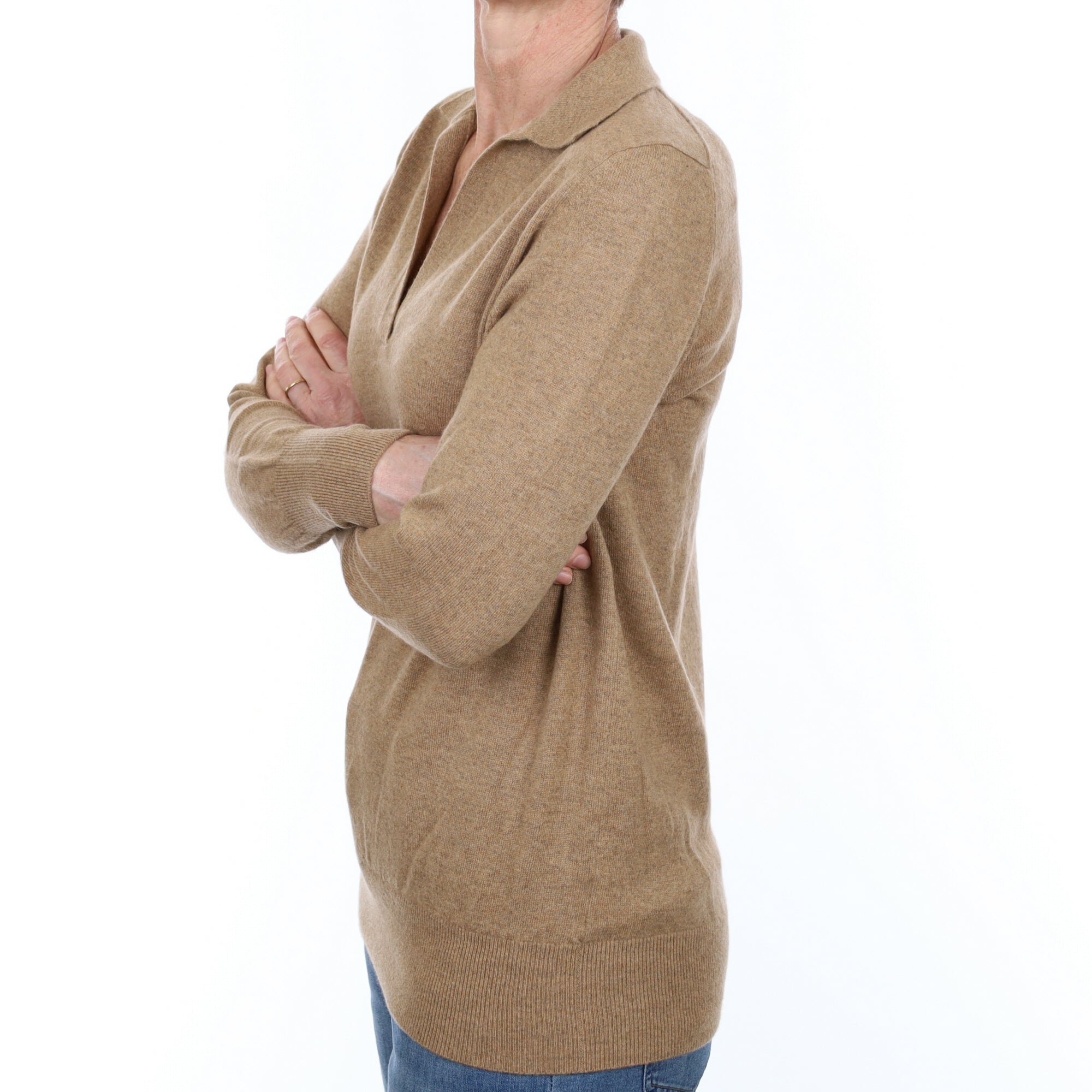 Camel Brown Cashmere Collared V Neck Jumper Small