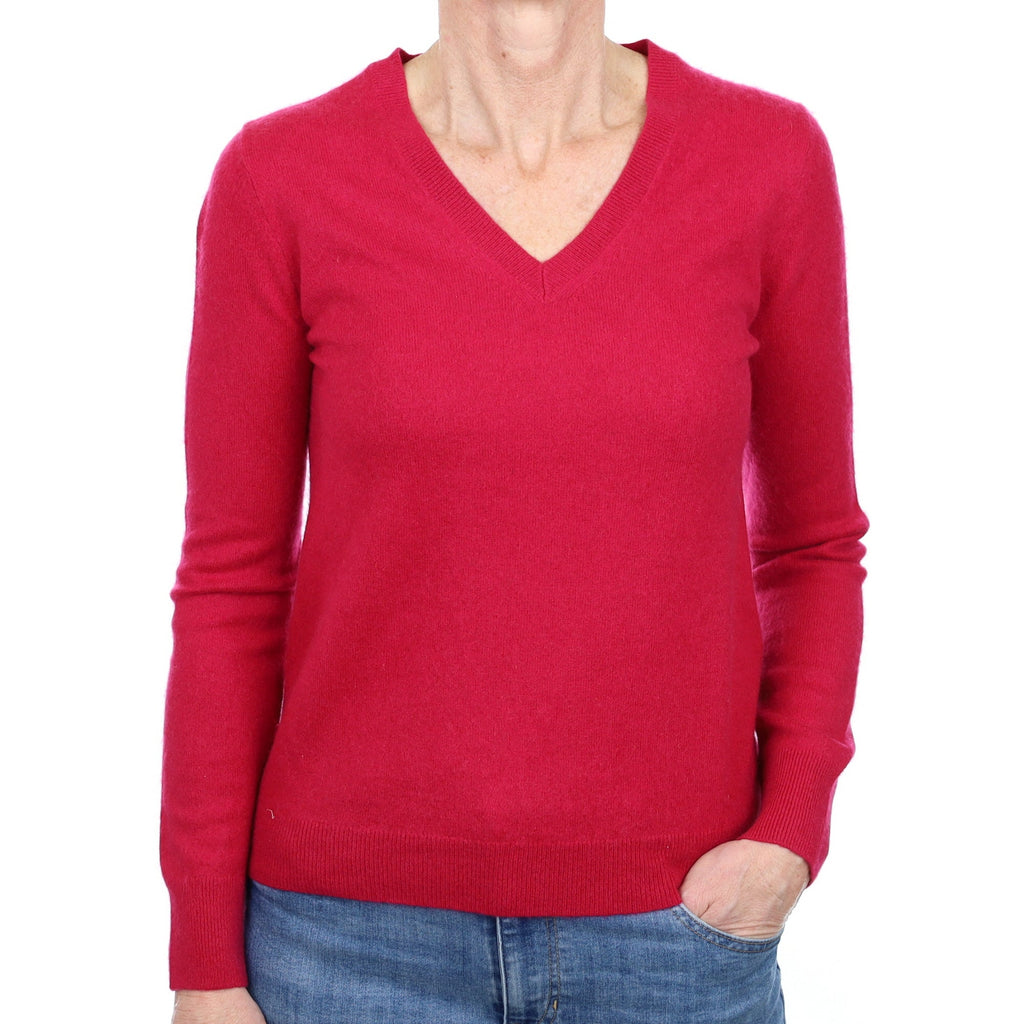 Cherry Pink Cashmere V Neck Jumper Small