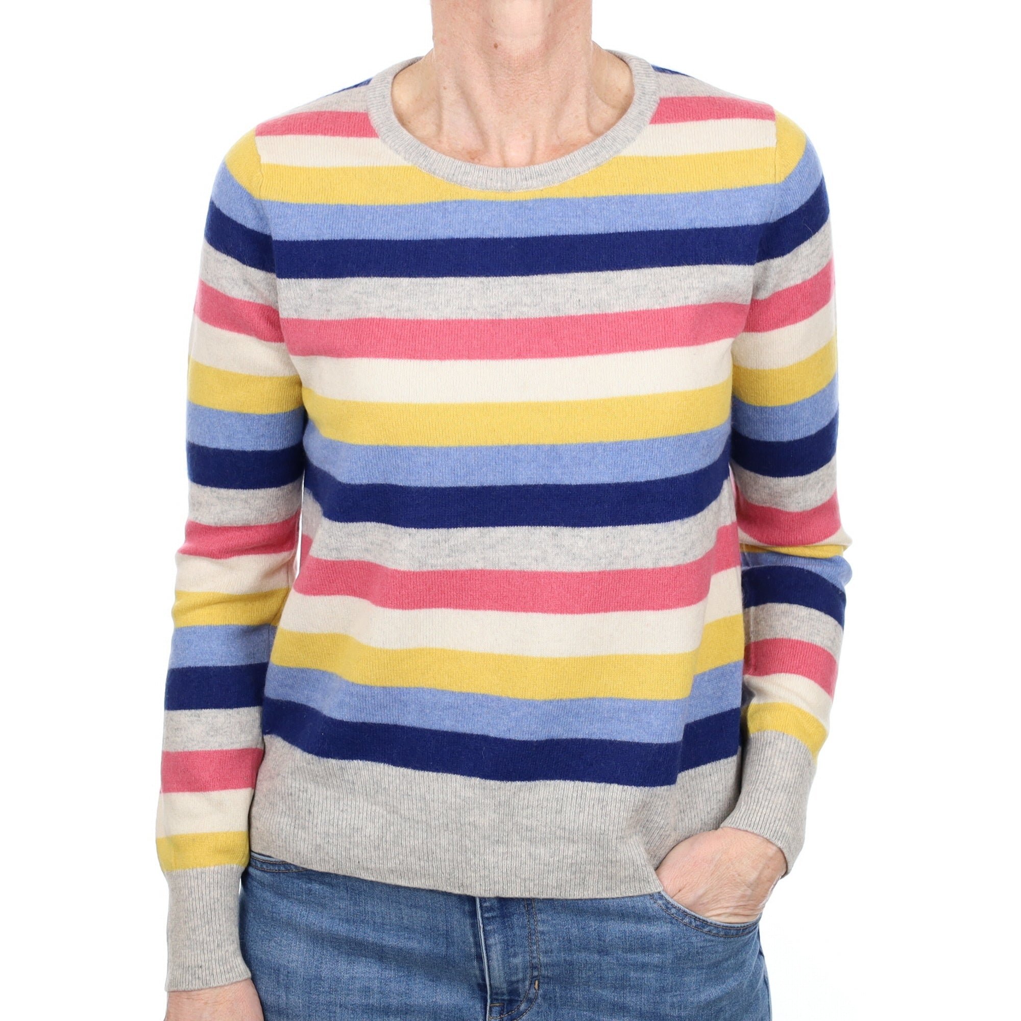 Grey Multicolour Stripe Cashmere Crew Neck Jumper Small