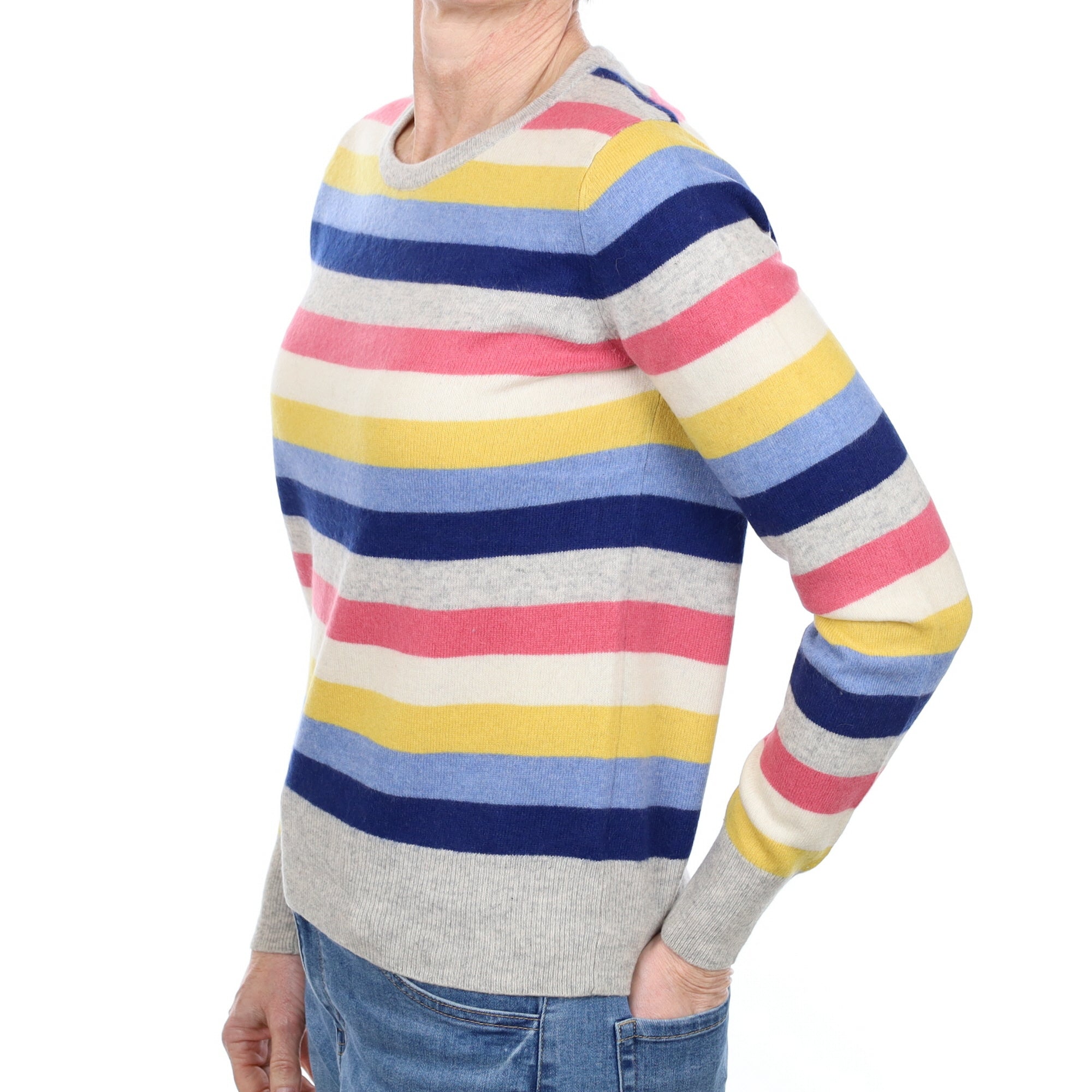 Grey Multicolour Stripe Cashmere Crew Neck Jumper Small