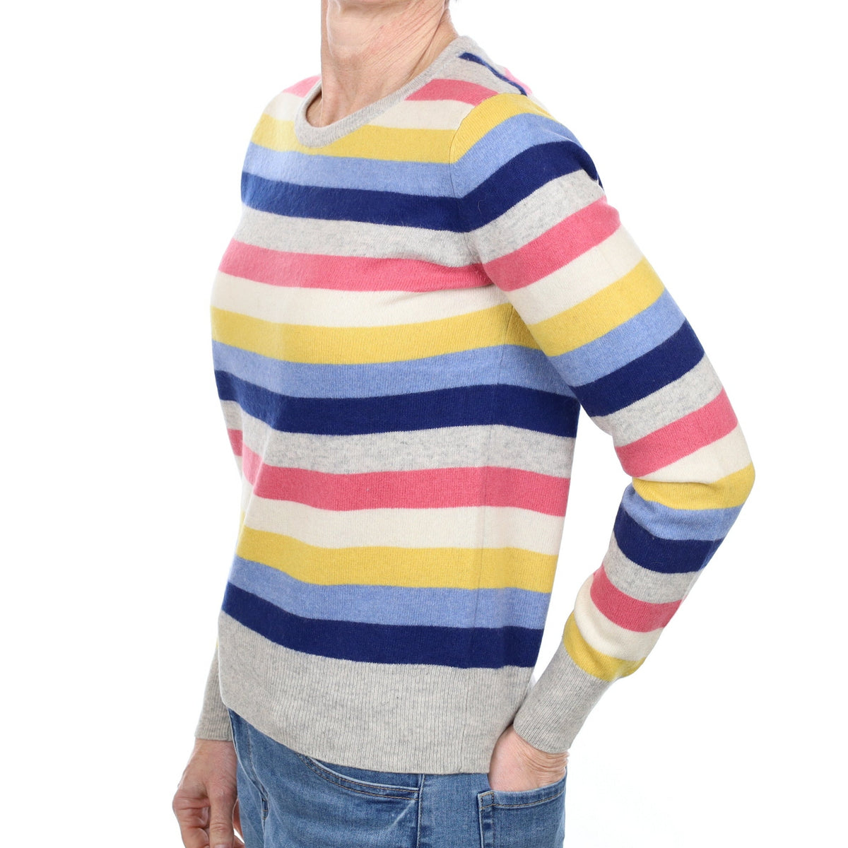 Grey Multicolour Stripe Cashmere Crew Neck Jumper Small