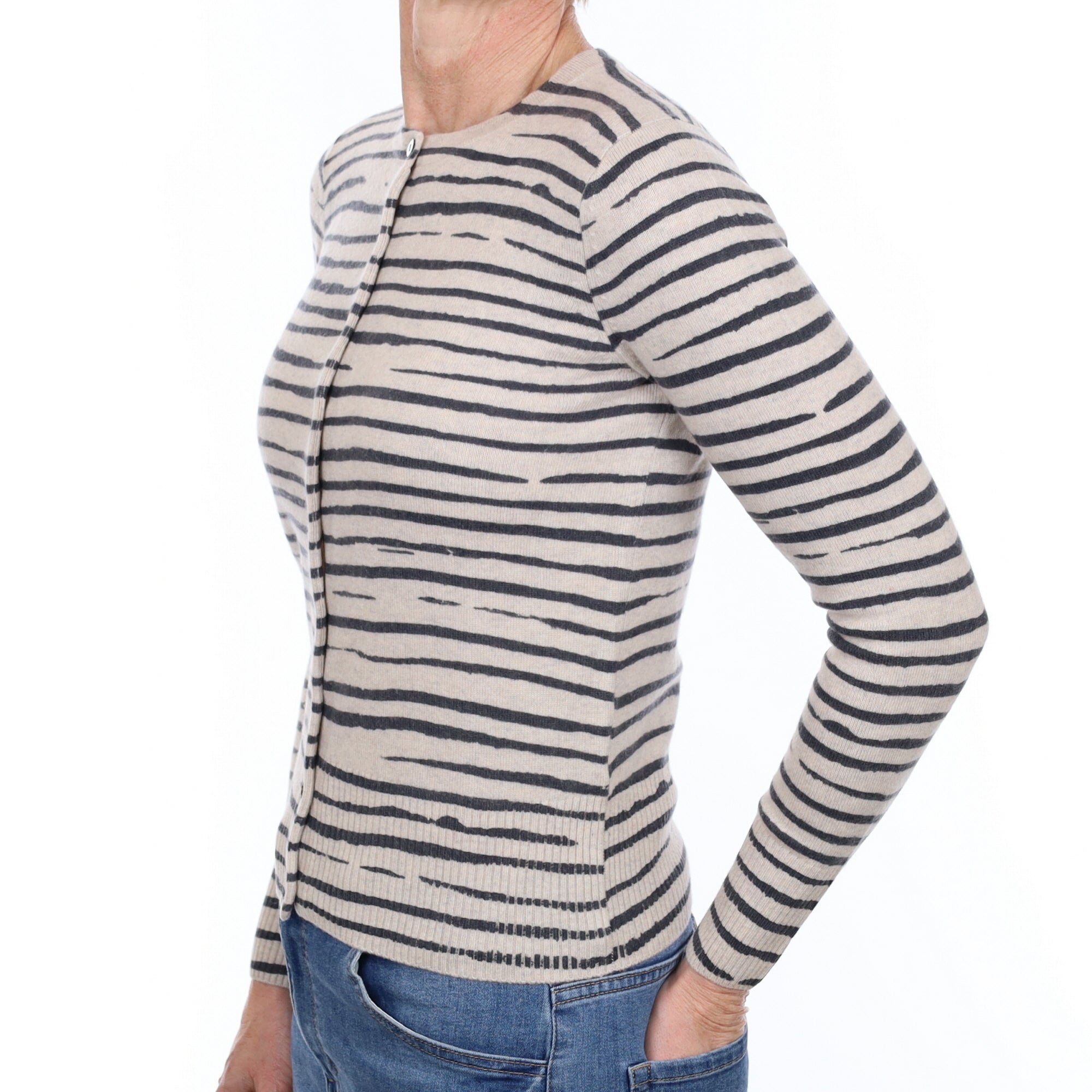 Brand New Grey Zebra Stripe Cashmere Crew Neck Cardigan Small
