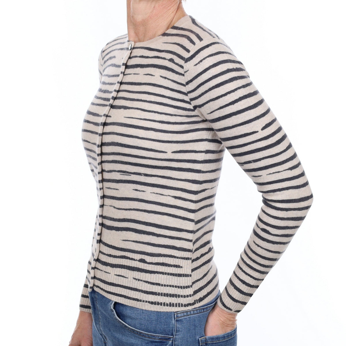 Brand New Grey Zebra Stripe Cashmere Crew Neck Cardigan Small