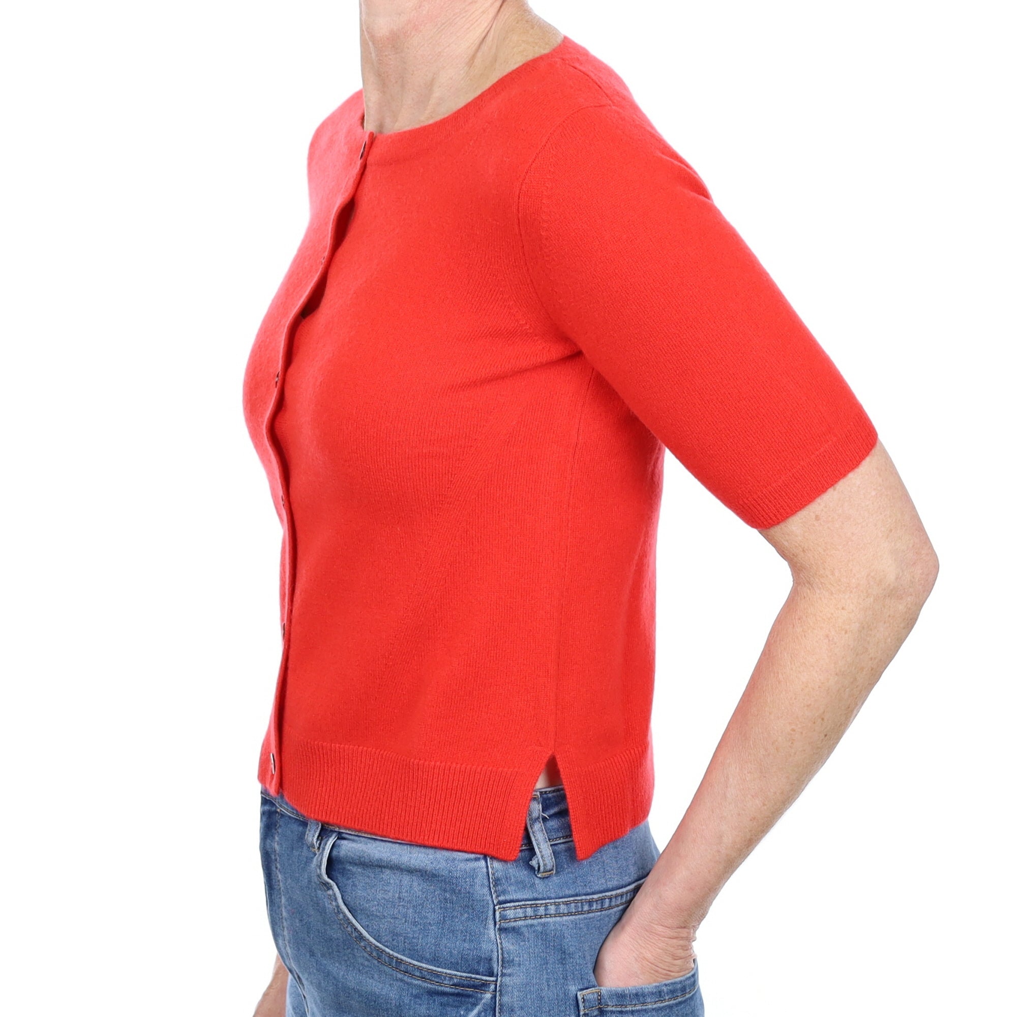 Brand New Vermillion Red Cashmere Short Sleeve Cardigan Small