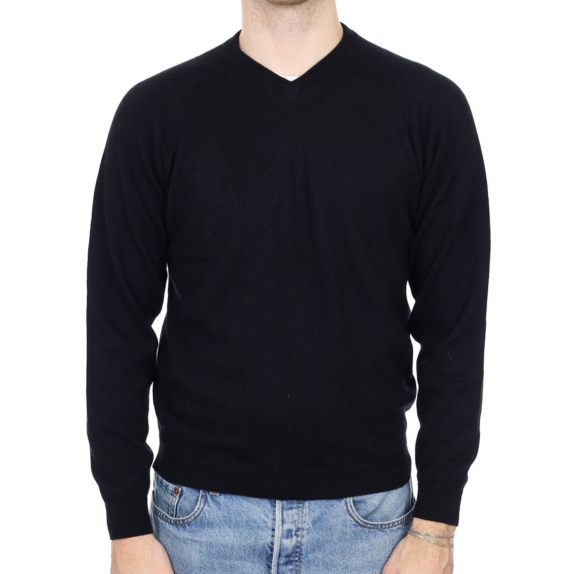 Men's Black Cashmere V Neck Jumper Medium