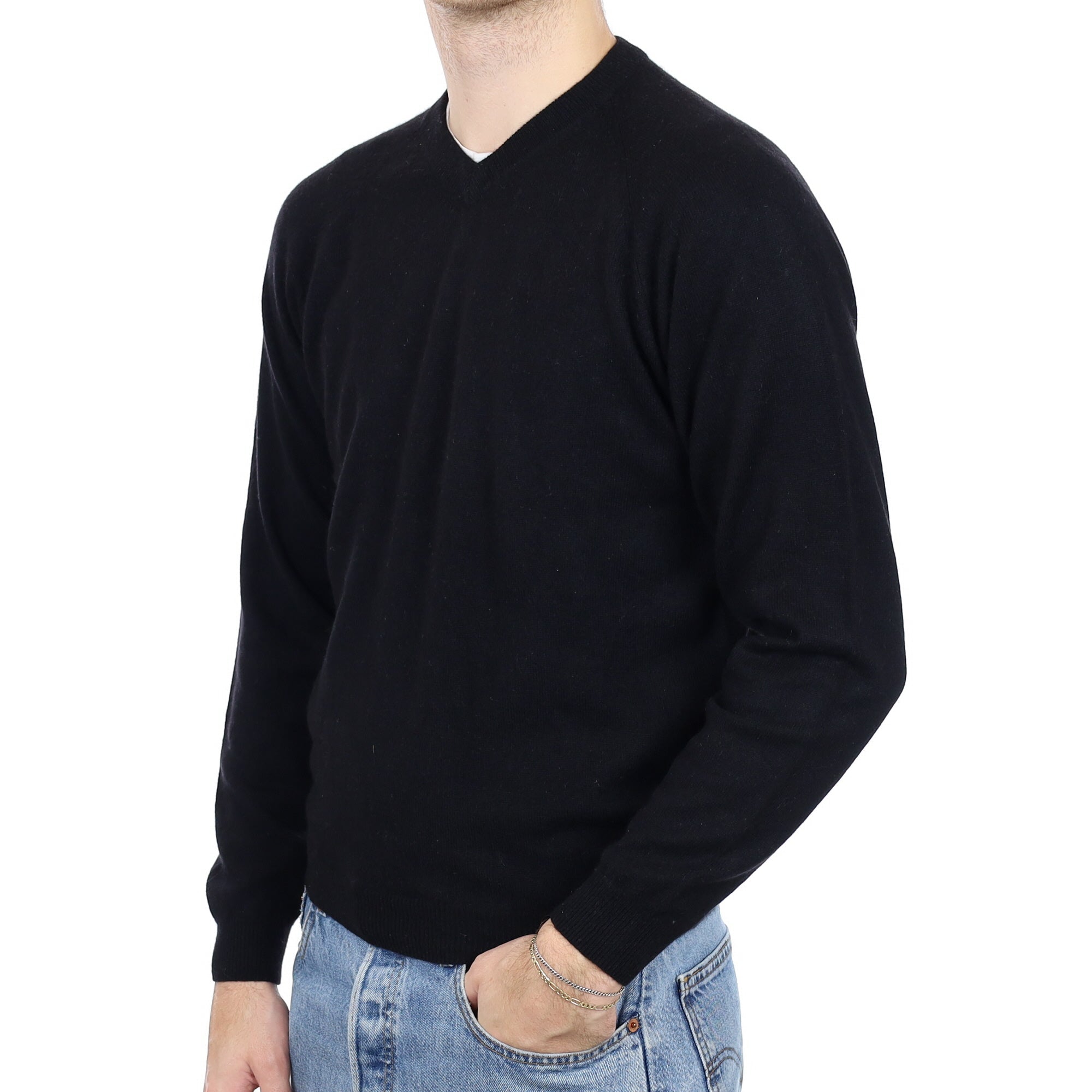 Men's Black Cashmere V Neck Jumper Medium