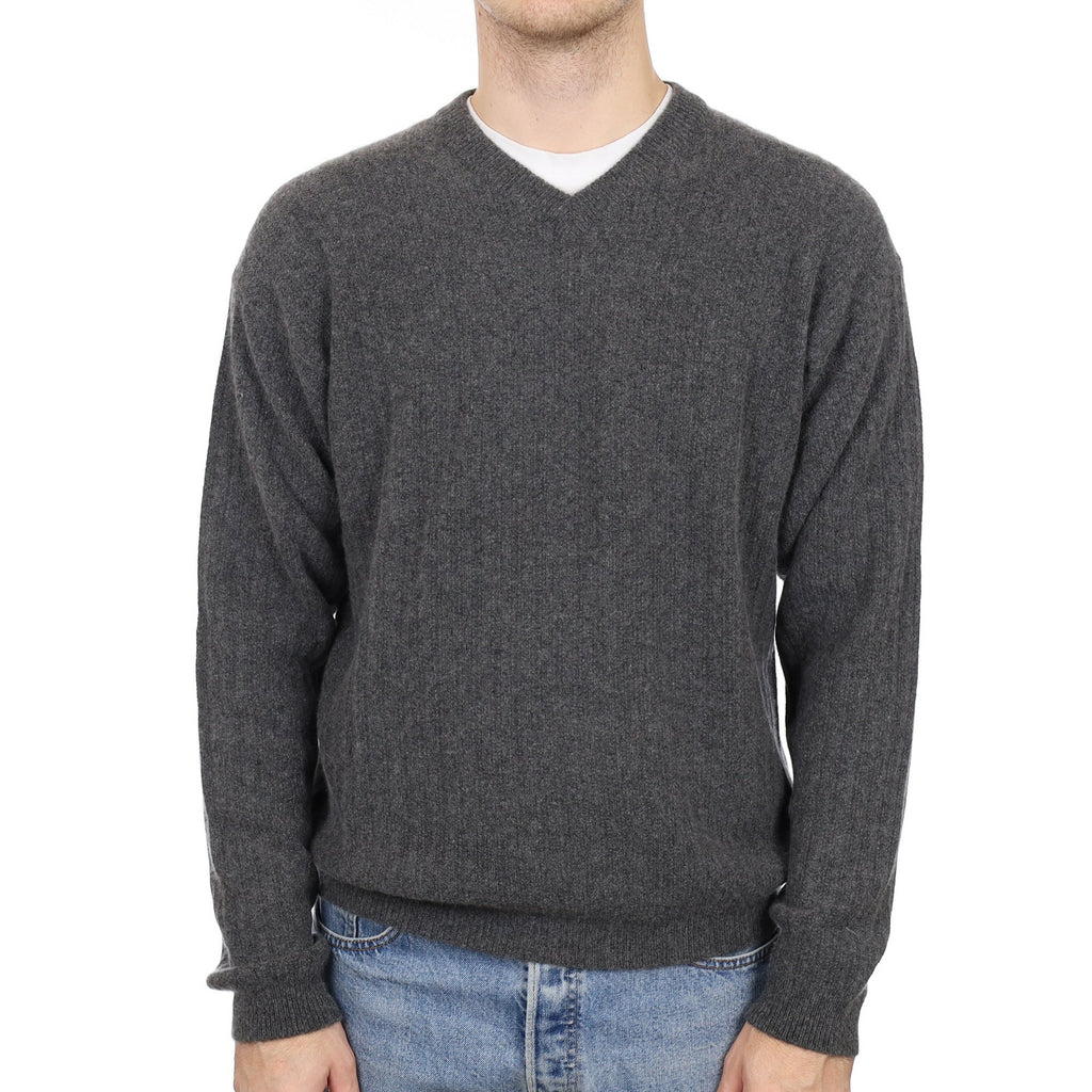Men's Ash Grey Cashmere V Neck Ribbed Jumper Medium