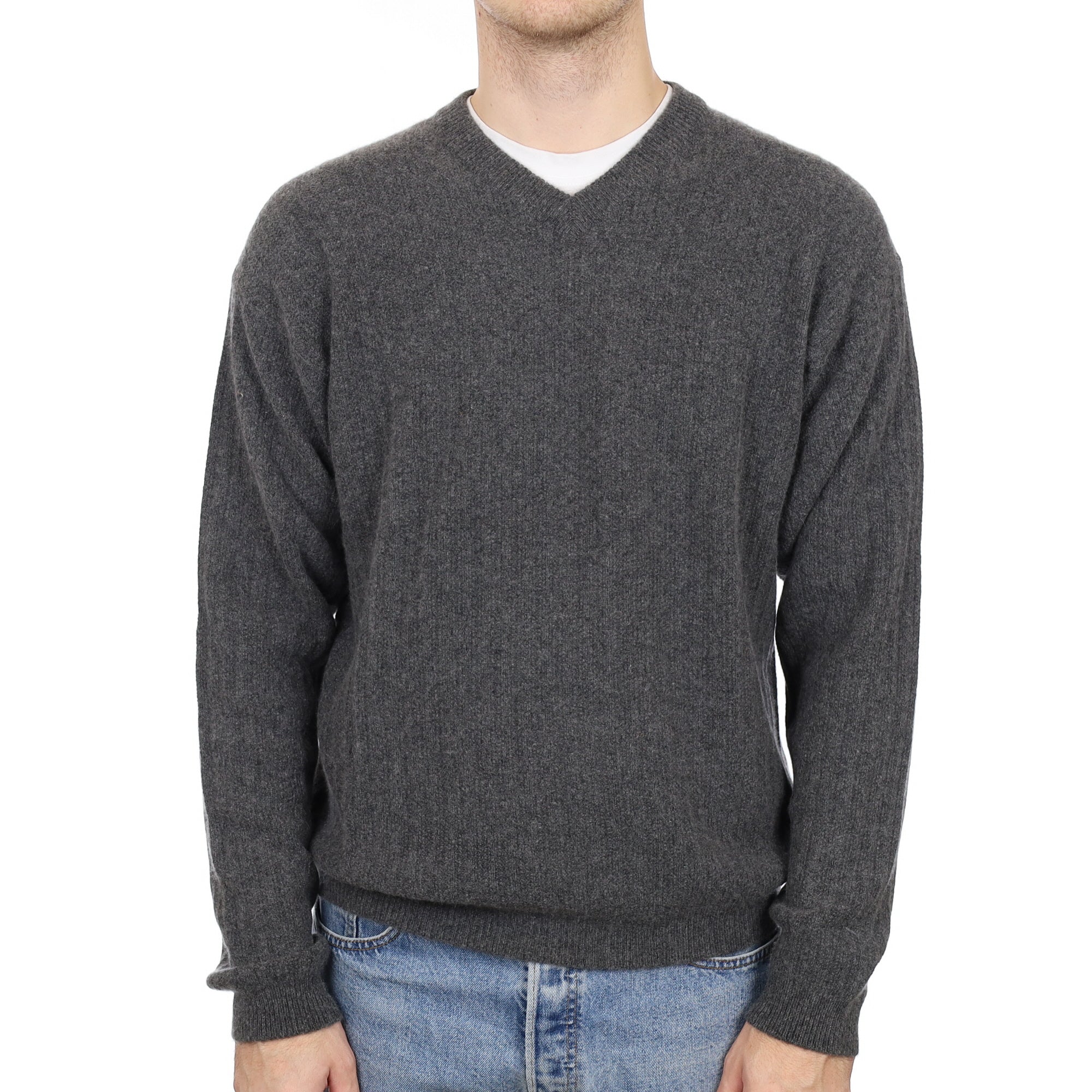 Men's Ash Grey Cashmere V Neck Ribbed Jumper Medium