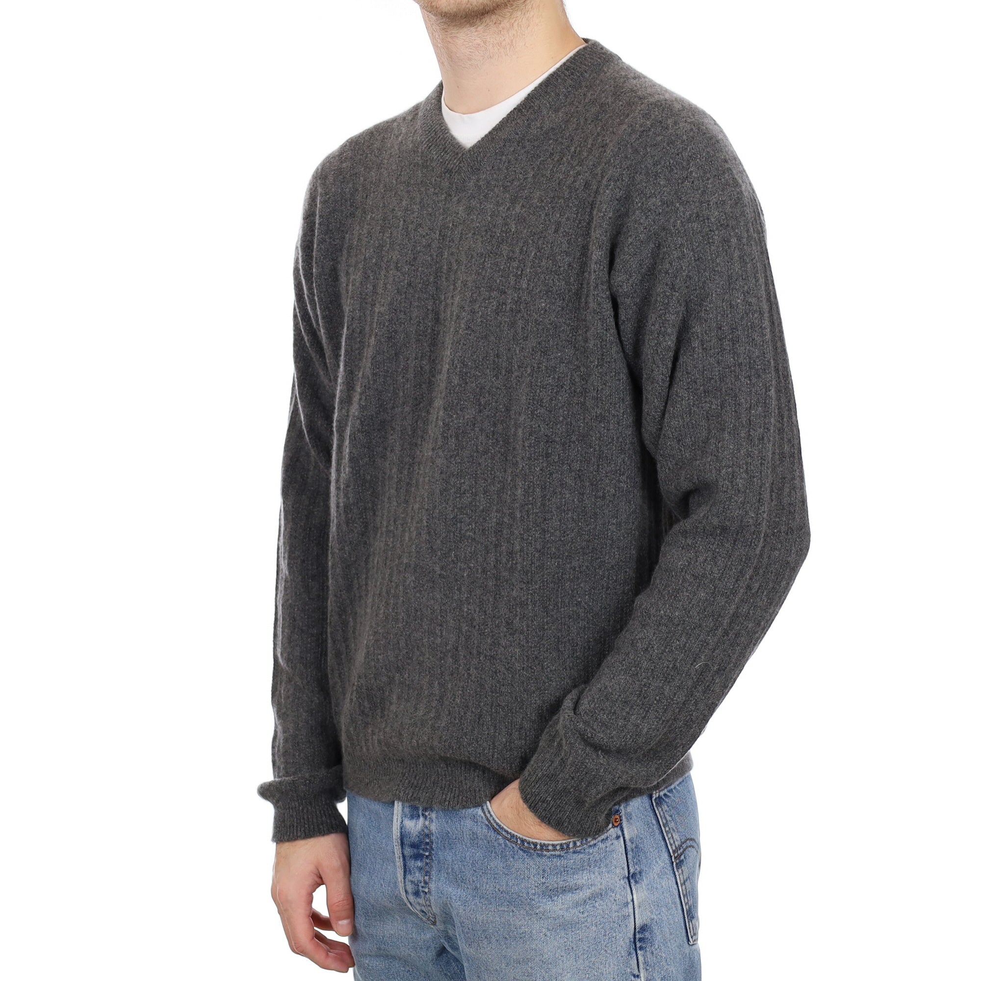 Men's Ash Grey Cashmere V Neck Ribbed Jumper Medium