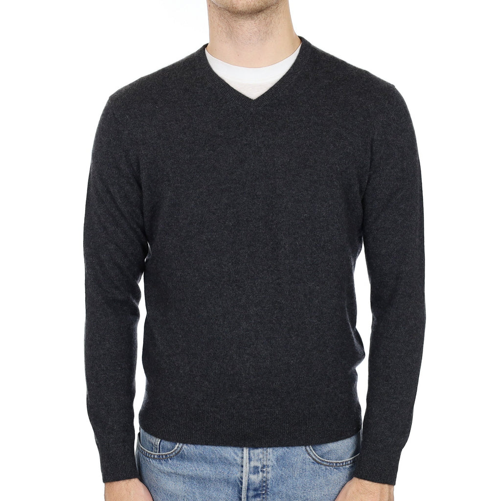 Men's Charcoal Grey Cashmere V Neck Jumper Medium