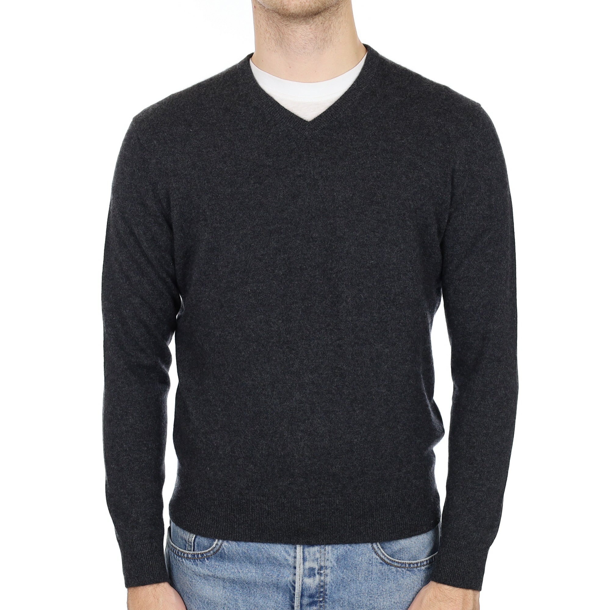 Men's Charcoal Grey Cashmere V Neck Jumper Medium