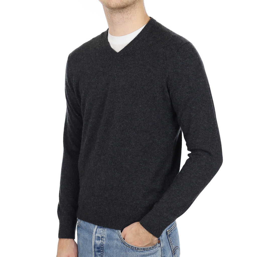 Men's Charcoal Grey Cashmere V Neck Jumper Medium