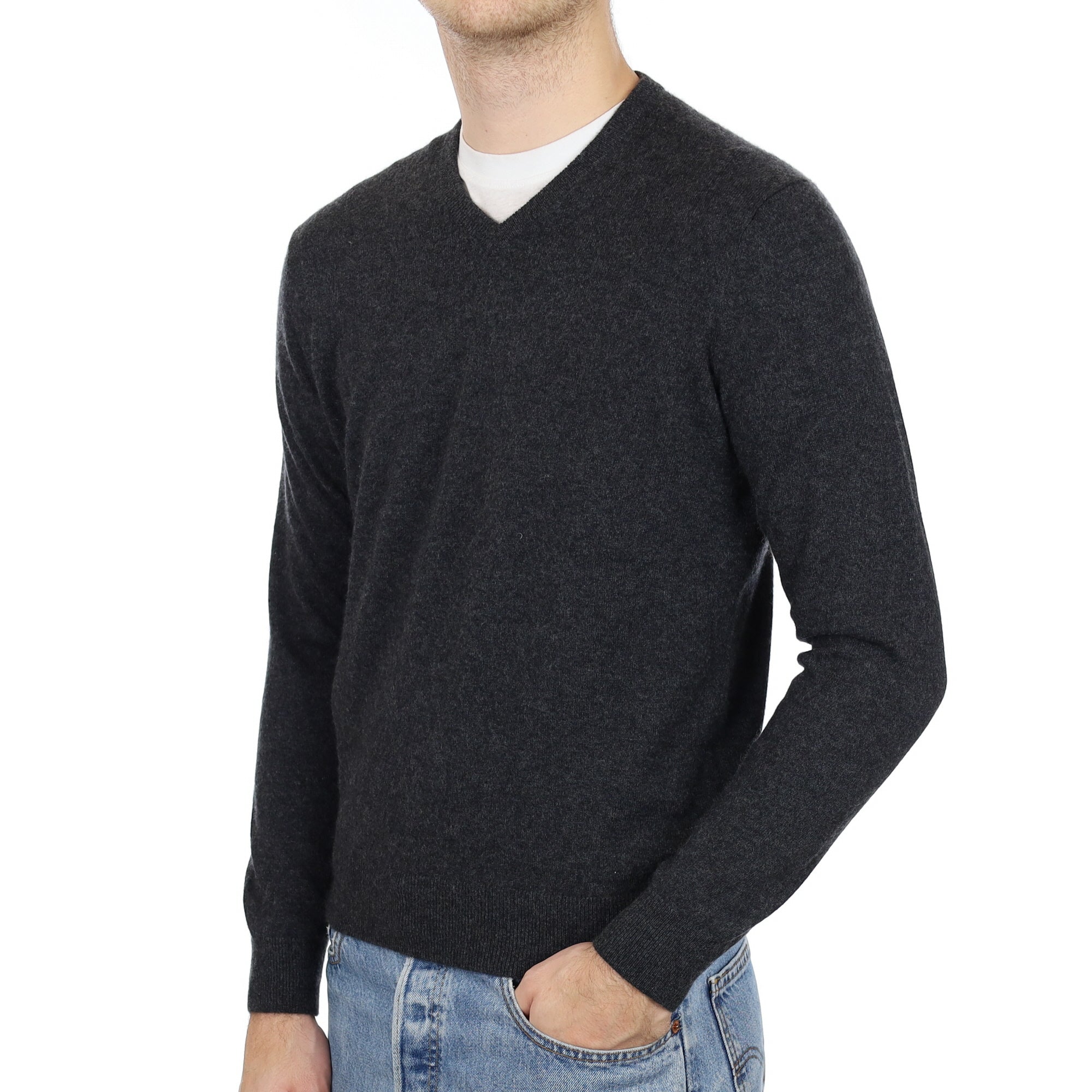 Men's Charcoal Grey Cashmere V Neck Jumper Medium