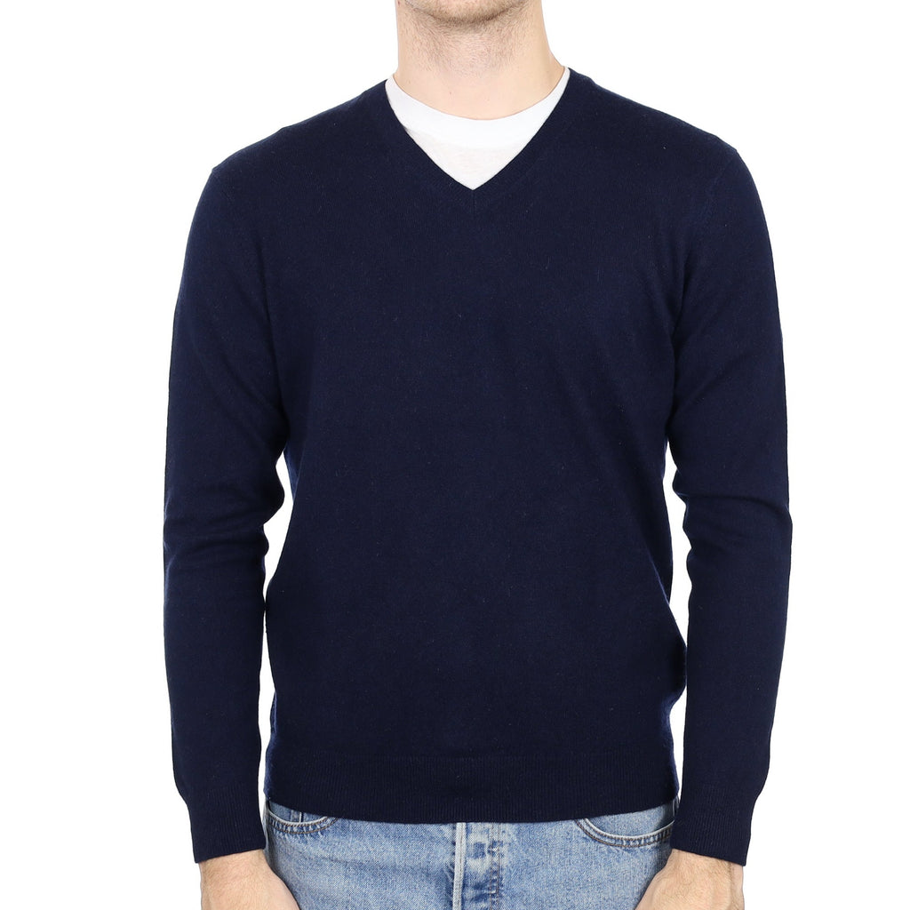 Men's Navy Blue Cashmere V Neck Jumper Medium