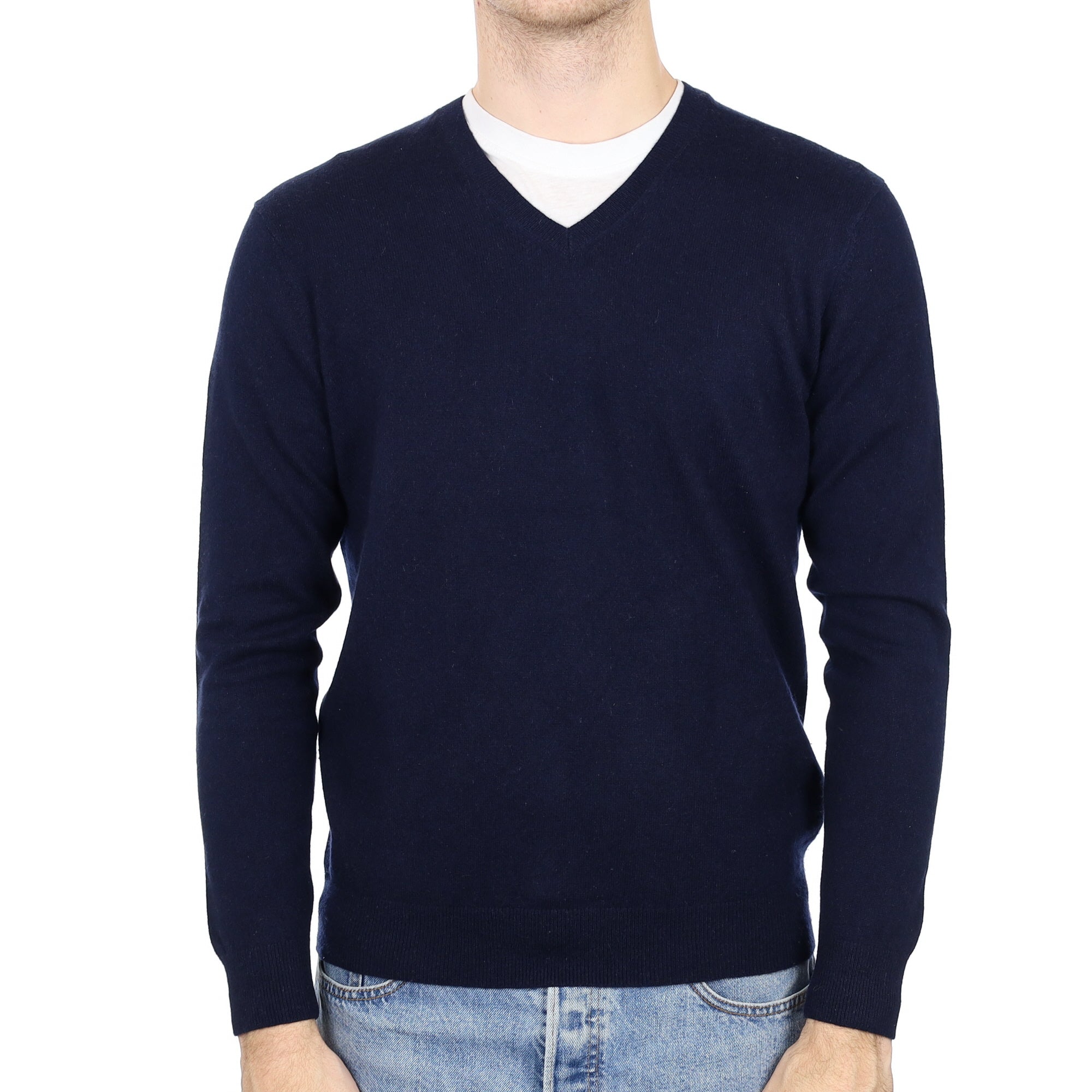 Men's Navy Blue Cashmere V Neck Jumper Medium