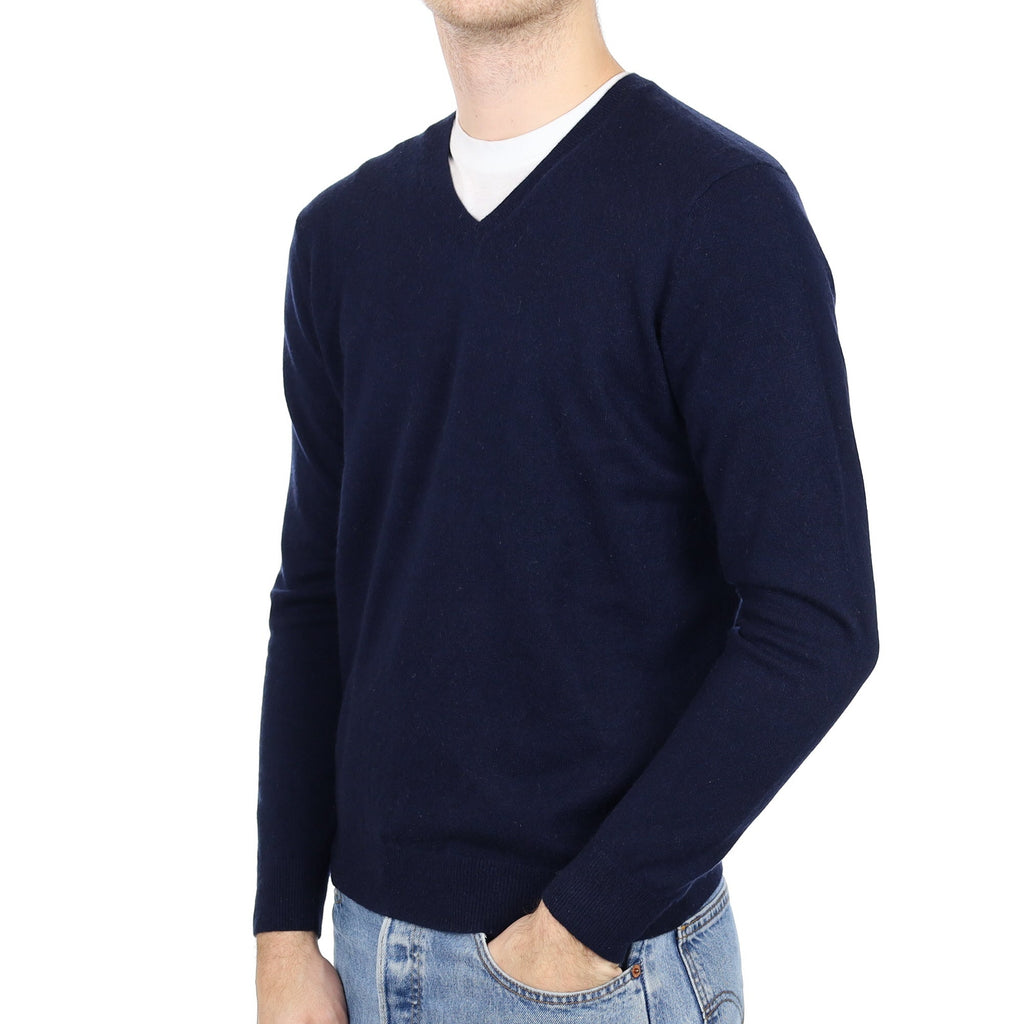 Men's Navy Blue Cashmere V Neck Jumper Medium