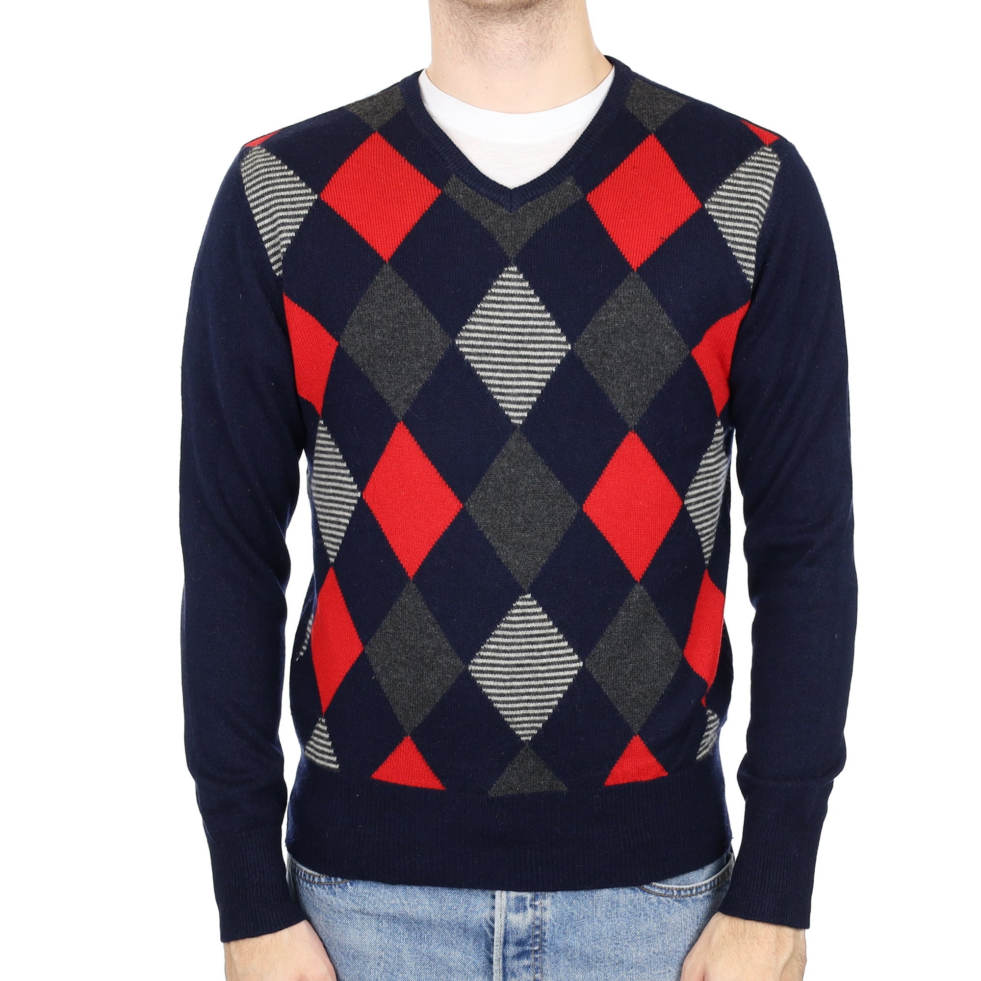 Men's Navy Diamond Pattern Cashmere V Neck Jumper Medium