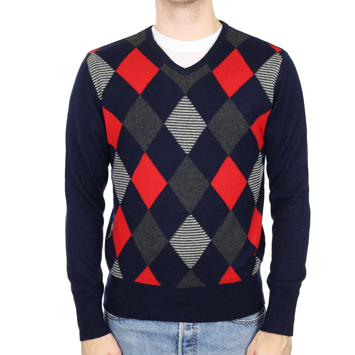 Men's Navy Diamond Pattern Cashmere V Neck Jumper Medium