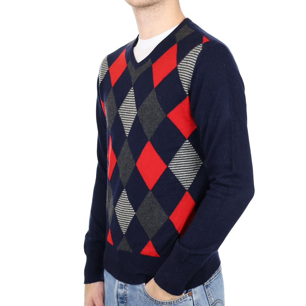 Men's Navy Diamond Pattern Cashmere V Neck Jumper Medium