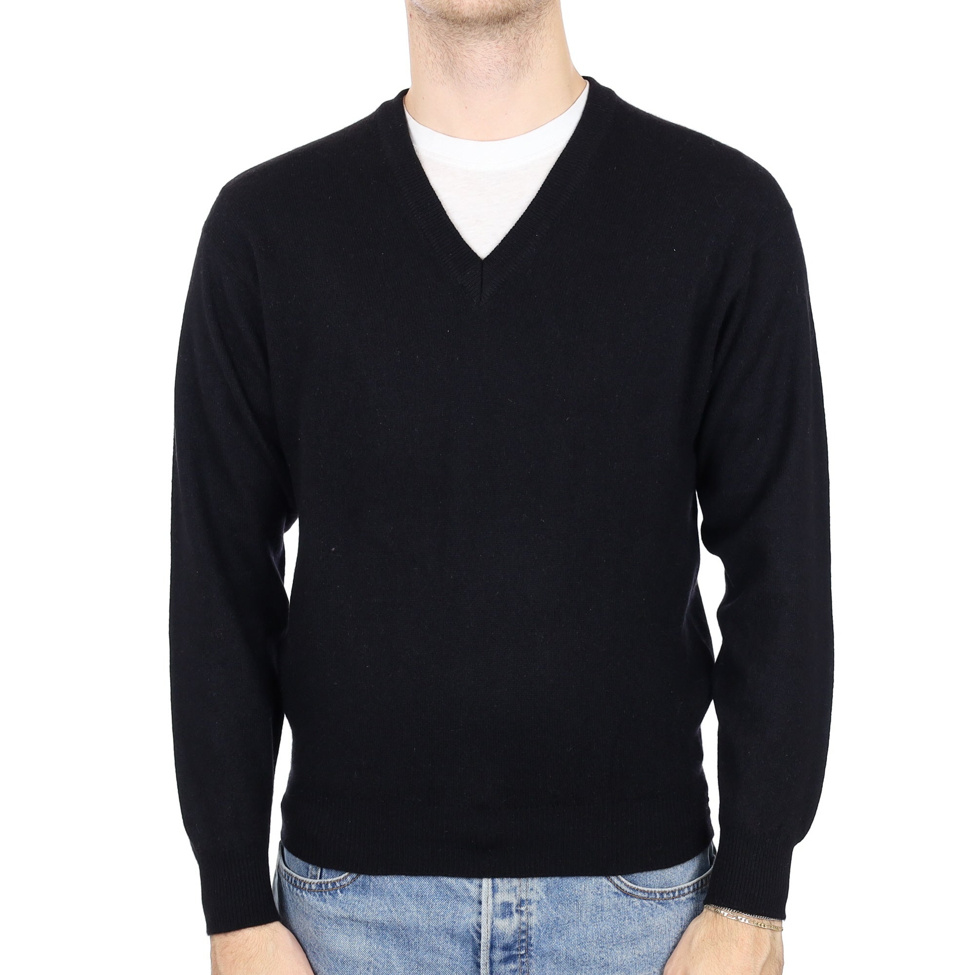 Men's Black Cashmere V Neck Jumper Medium