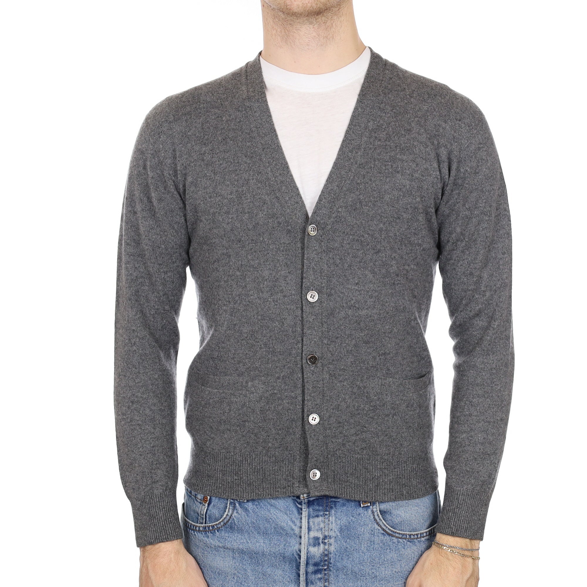 Men's Slate Grey Cashmere V Neck Cardigan Medium