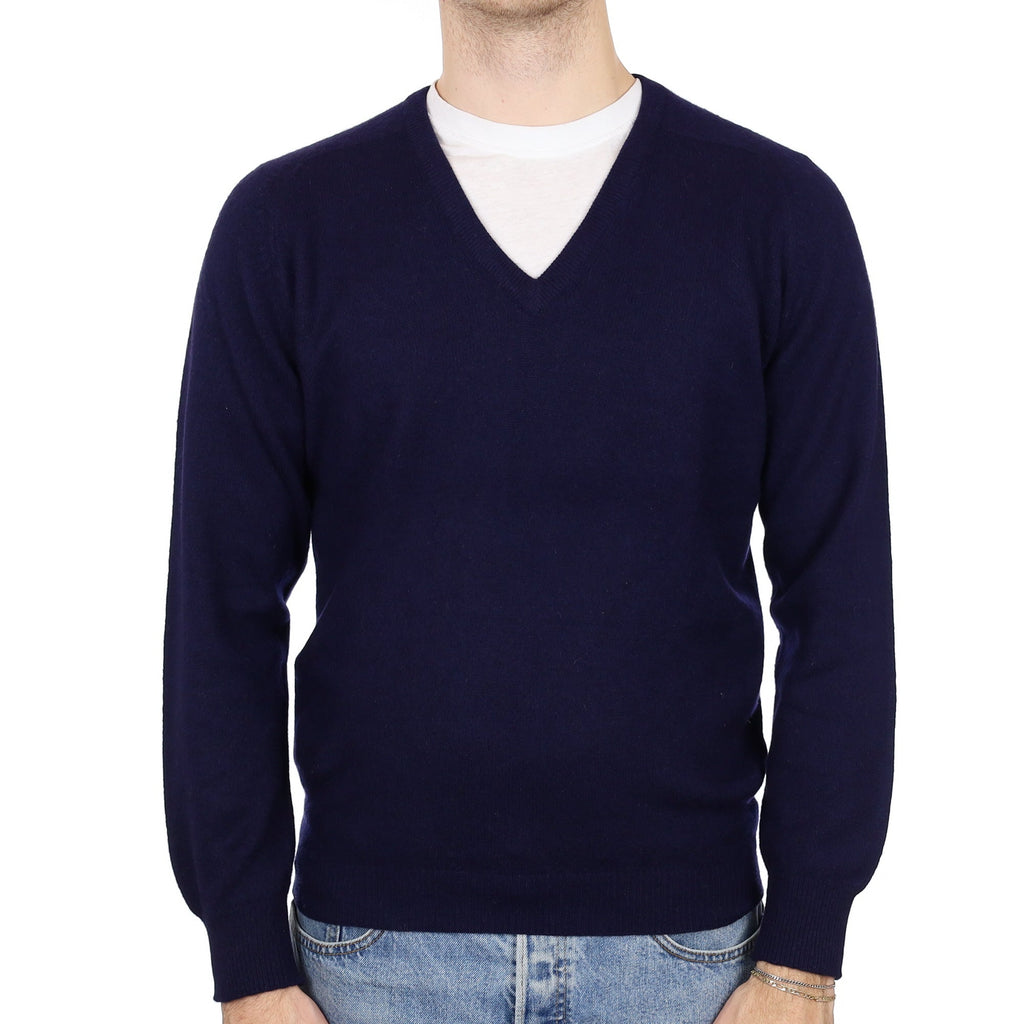Men's Navy Blue Cashmere V Neck Jumper Medium