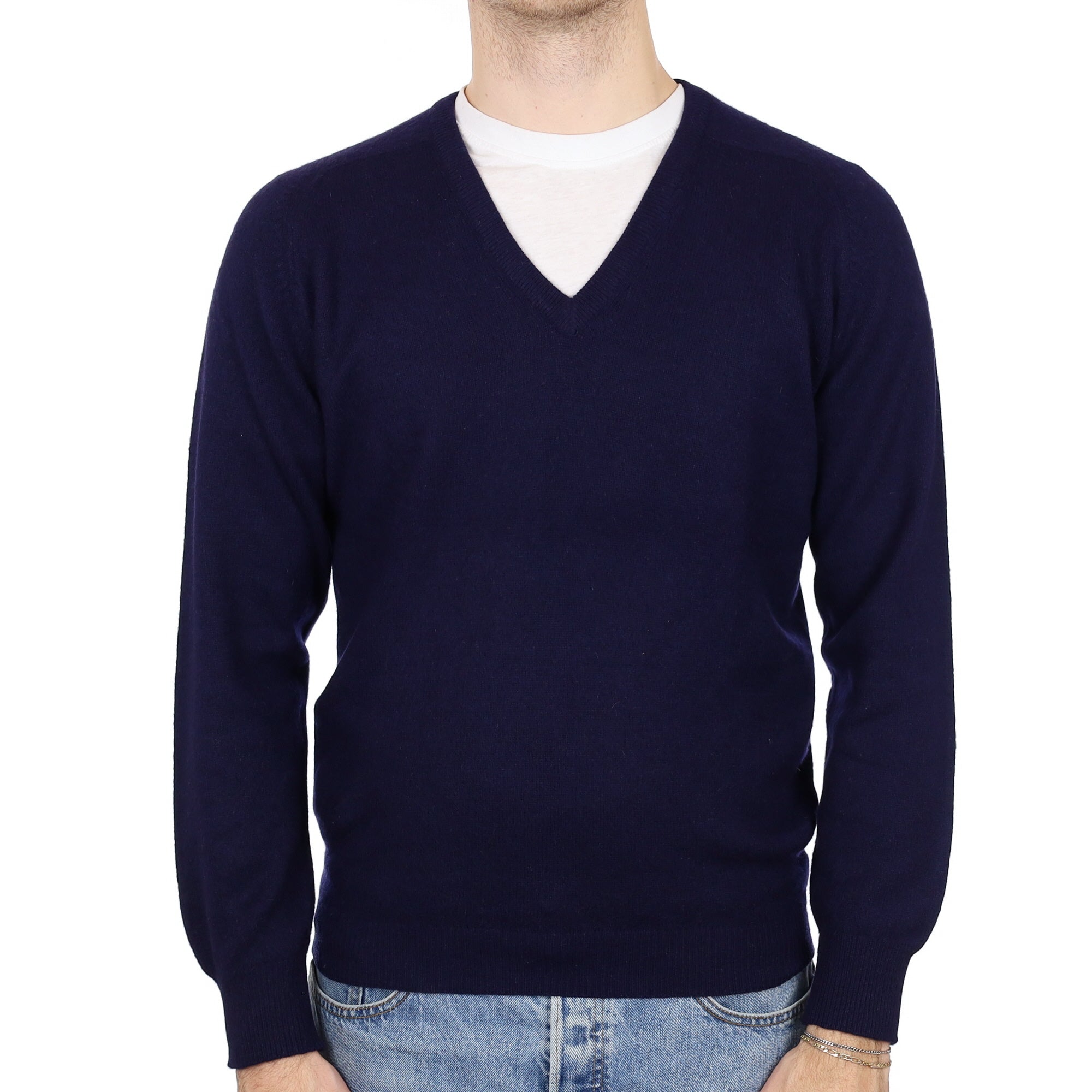 Men's Navy Blue Cashmere V Neck Jumper Medium