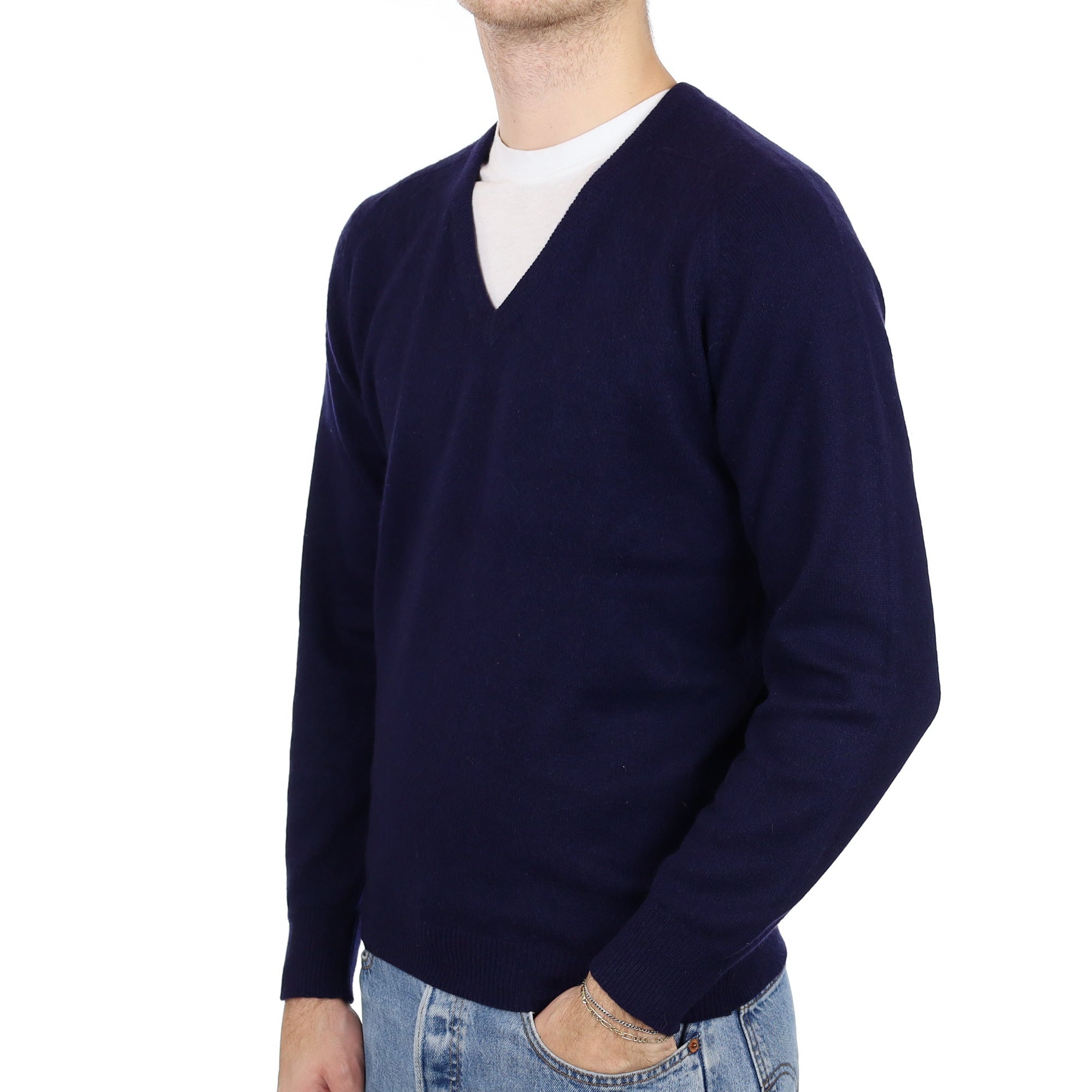 Men's Navy Blue Cashmere V Neck Jumper Medium