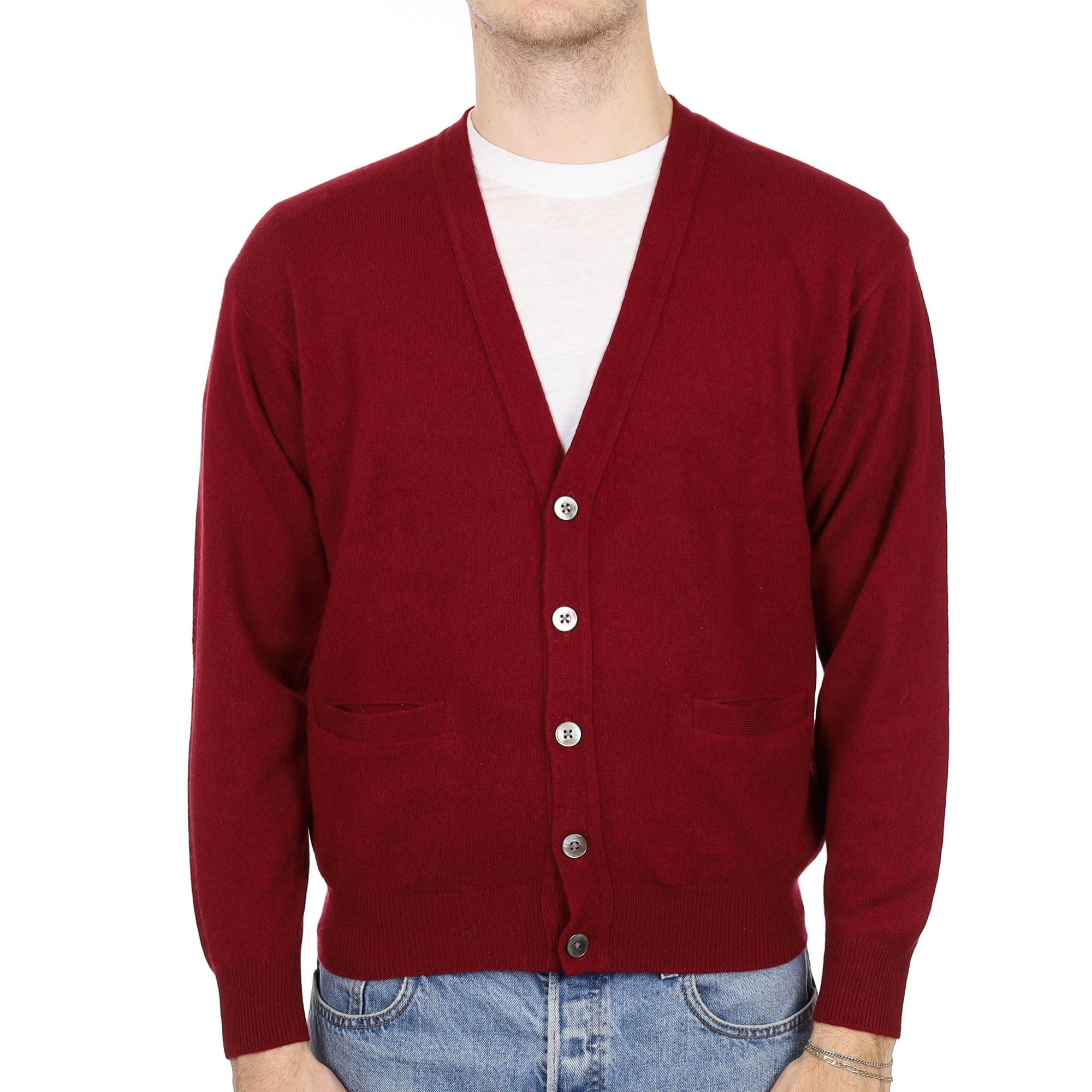Men's Burgundy Red Cashmere V Neck Cardigan Medium