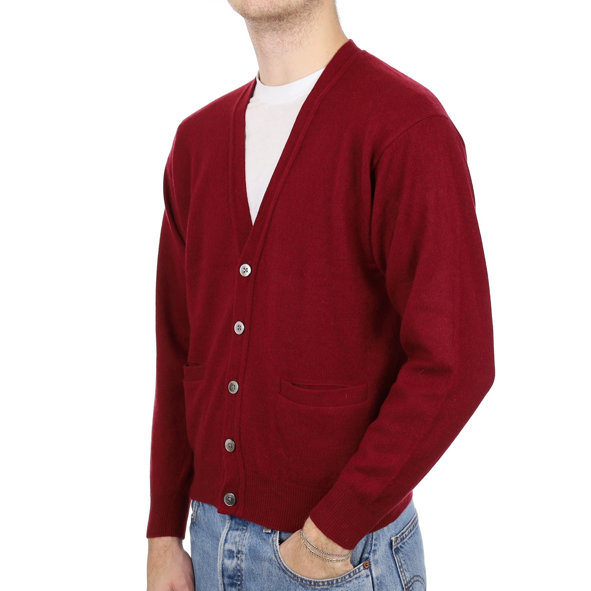 Men's Burgundy Red Cashmere V Neck Cardigan Medium