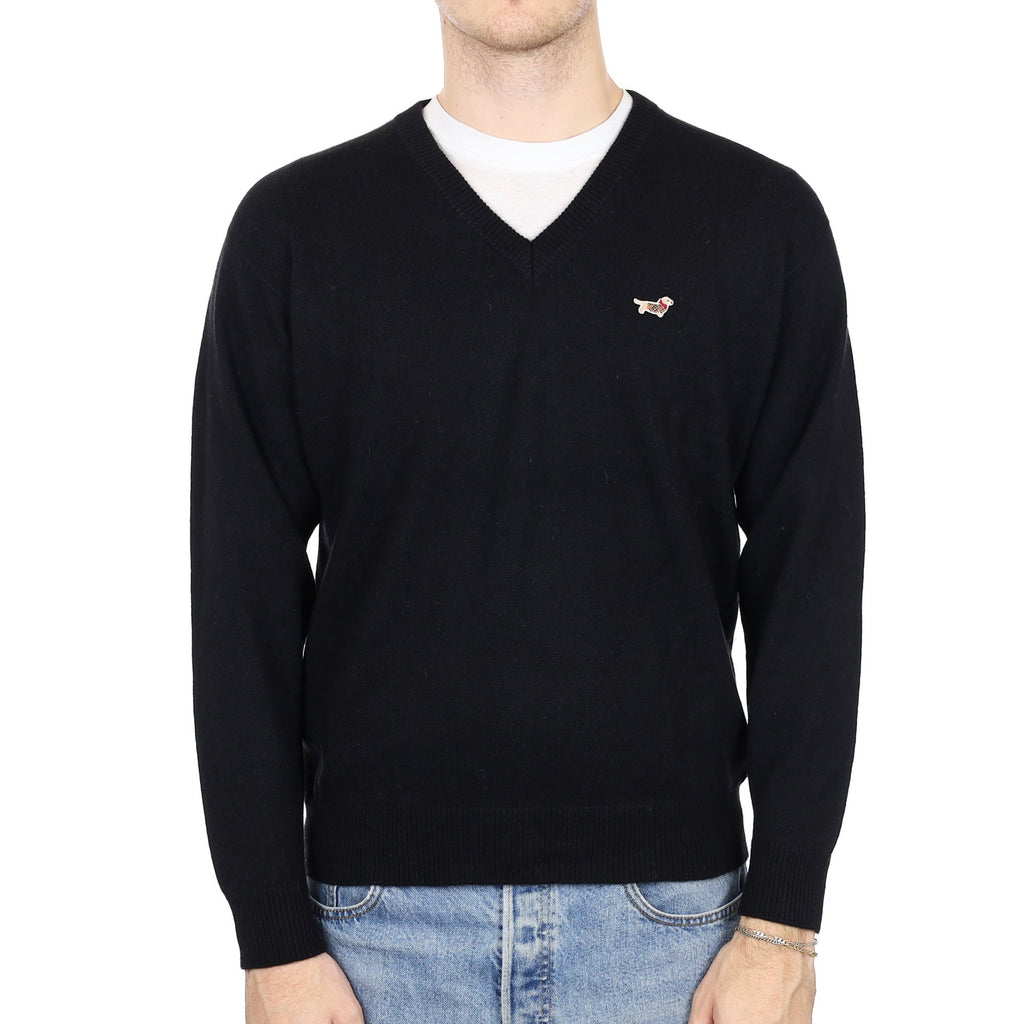 Men's Black Heavy Knit Cashmere V Neck Jumper Medium