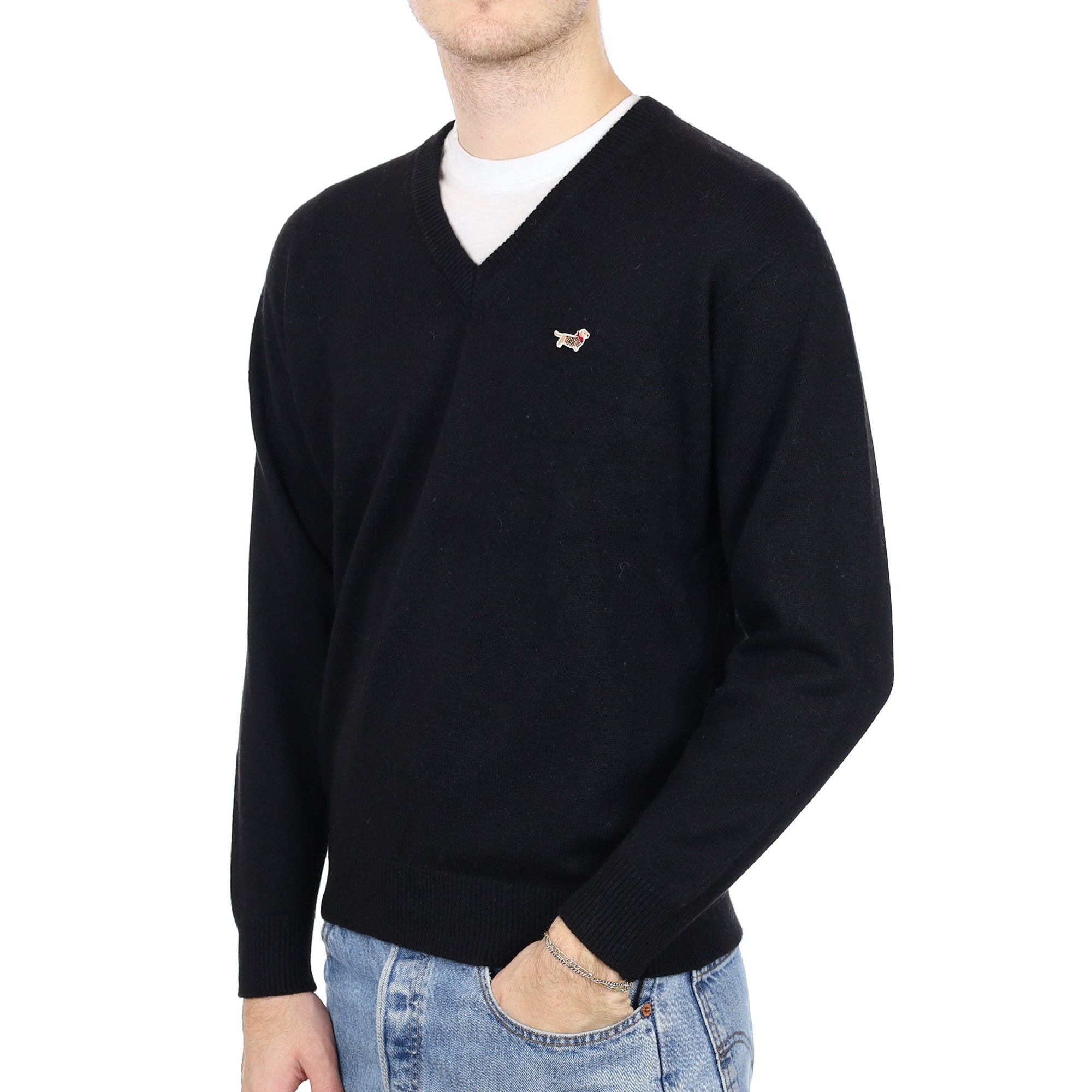 Men's Black Heavy Knit Cashmere V Neck Jumper Medium