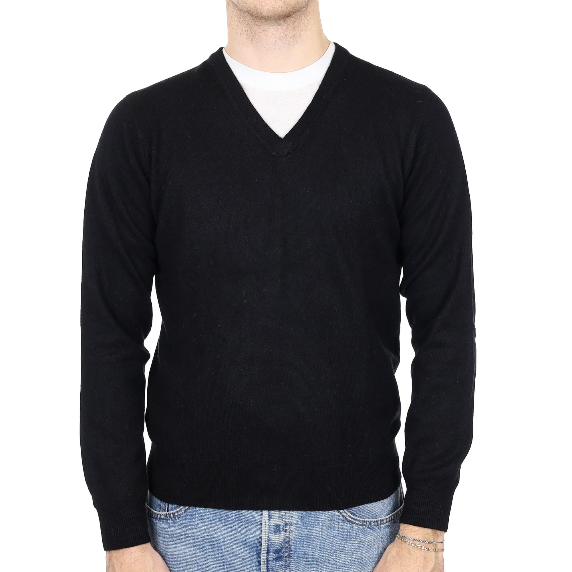 Men's Black Cashmere V Neck Jumper Medium