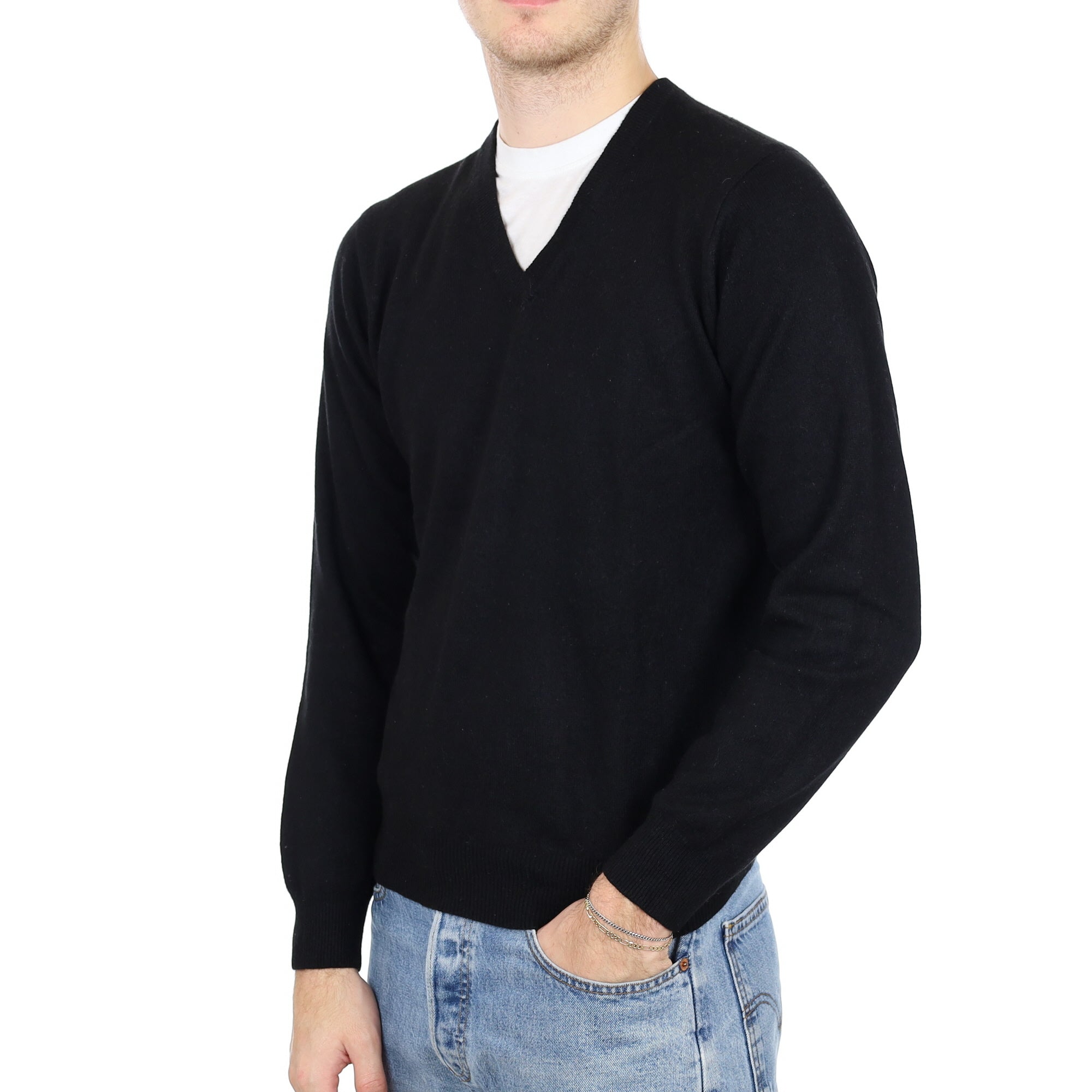 Men's Black Cashmere V Neck Jumper Medium