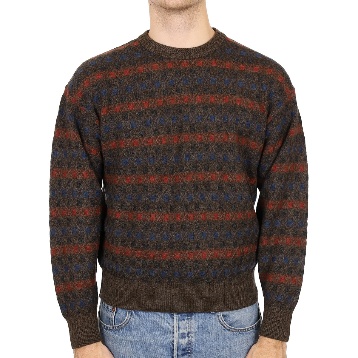 Men's Donkey Brown Patterned Cashmere Crew Neck Jumper Medium