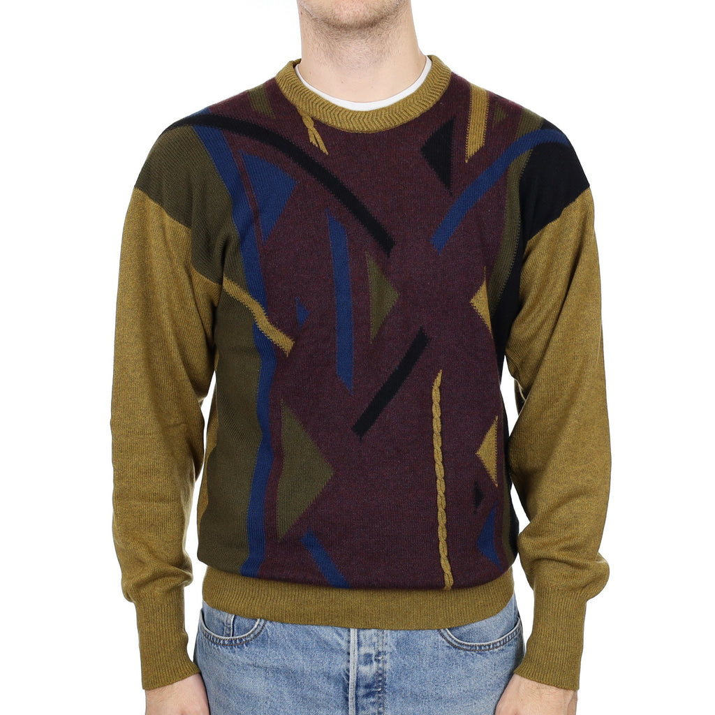 Men's Scottish Olive and Aubergine Patterned Cashmere Crew Neck Jumper Medium