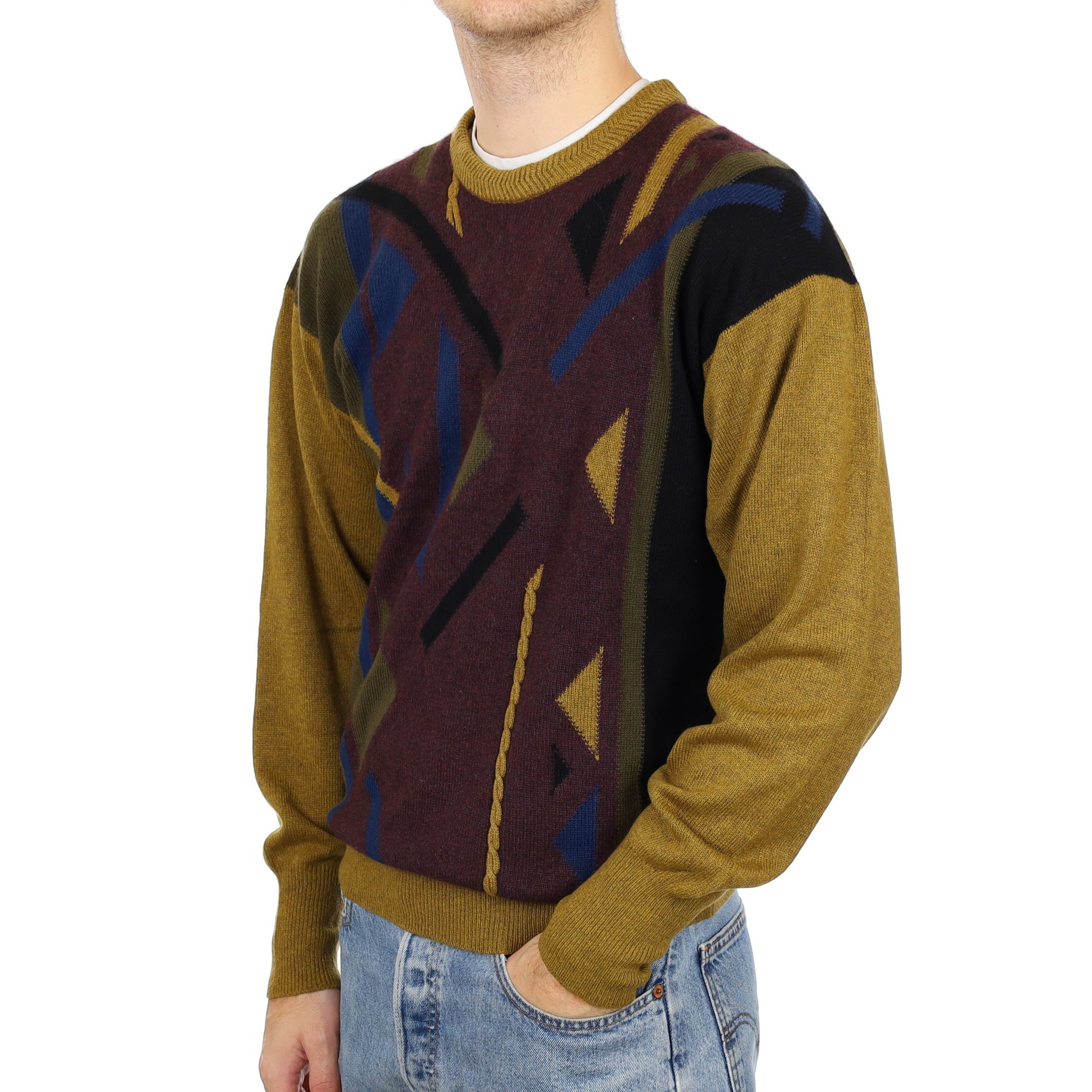 Men's Scottish Olive and Aubergine Patterned Cashmere Crew Neck Jumper Medium