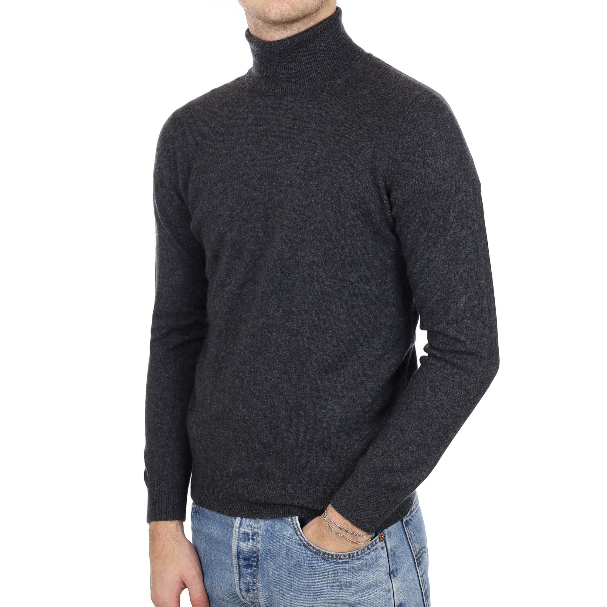 Men's Charcoal Grey Cashmere Polo Neck Jumper Medium